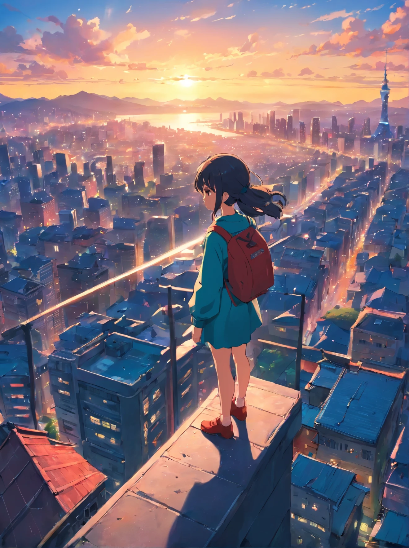 Anime girl looking at big city landscape from a height,Near Future City、 makoto shinkai cyril rolando, anime art wallpaper 4k, anime art wallpaper 4k, Anime art wallpaper 8k, inspired by Cyril Rolando, in the style dan mumford artwork, amazing wallpapers
