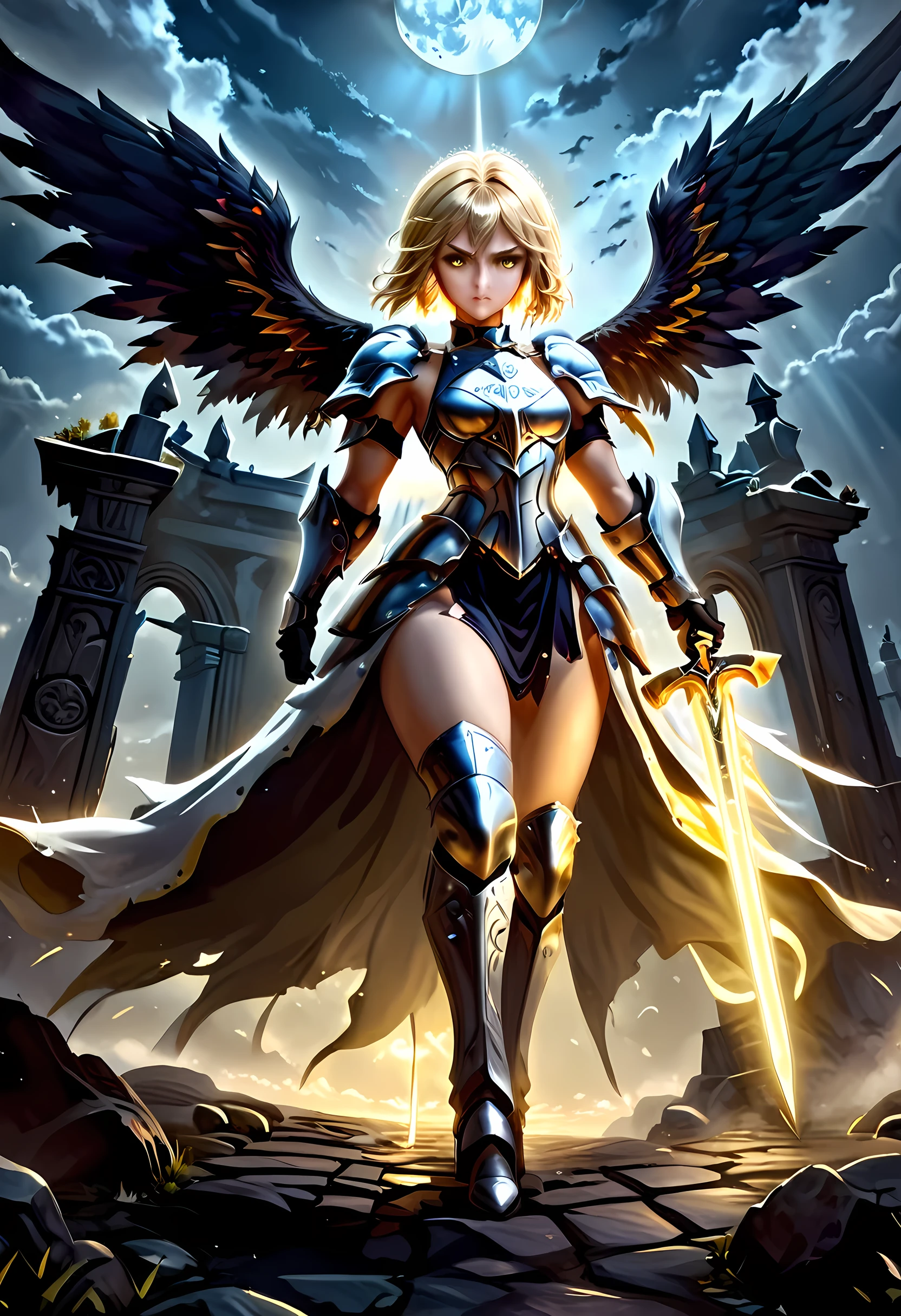 16K, ultra detailed, masterpiece, best quality, (extremely detailed), arafed, dnd art, portrait, full body, aasimar, female, (Masterpiece 1.3, intense details), female, paladin, holy warrior fighting undead (Masterpiece 1.3, intense details) large angelic wings, white angelic wings spread (Masterpiece 1.3, intense details), dark fantasy cemetery background, moon light, moon, stars, clouds, wearing (white: 1.1)  armor (Masterpiece 1.3, intense details), holy symbol, armed with sword, short blond hair,  detailed face, (Masterpiece 1.5, best quality), anatomically correct (Masterpiece 1.3, intense details), angel_wings, determined face, god rays, cinematic lighting, glowing light, silhouette, from outside, photorealism, panoramic view  (Masterpiece 1.3, intense details) , Wide-Angle, Ultra-Wide Angle, 8k, highres, best quality, high details, armored dress, feathered wings, GlowingRunesAI_yellow