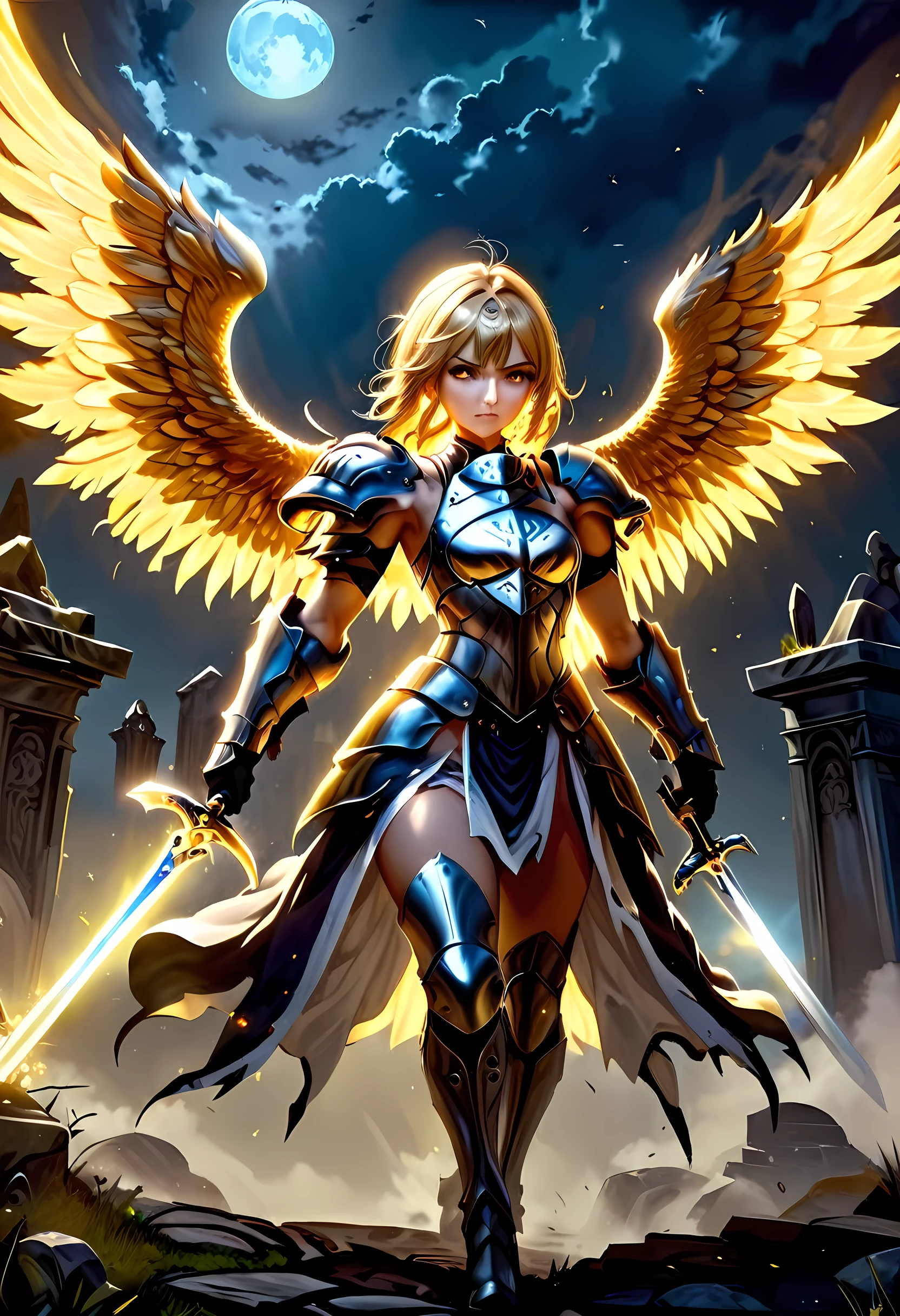 16K, ultra detailed, masterpiece, best quality, (extremely detailed), arafed, dnd art, portrait, full body, aasimar, female, (Masterpiece 1.3, intense details), female, paladin, holy warrior fighting undead (Masterpiece 1.3, intense details) large angelic wings, white angelic wings spread (Masterpiece 1.3, intense details), dark fantasy cemetery background, moon light, moon, stars, clouds, wearing (white: 1.1)  armor (Masterpiece 1.3, intense details), holy symbol, armed with sword, short blond hair,  detailed face, (Masterpiece 1.5, best quality), anatomically correct (Masterpiece 1.3, intense details), angel_wings, determined face, god rays, cinematic lighting, glowing light, silhouette, from outside, photorealism, panoramic view  (Masterpiece 1.3, intense details) , Wide-Angle, Ultra-Wide Angle, 8k, highres, best quality, high details, armored dress, feathered wings, GlowingRunesAI_yellow