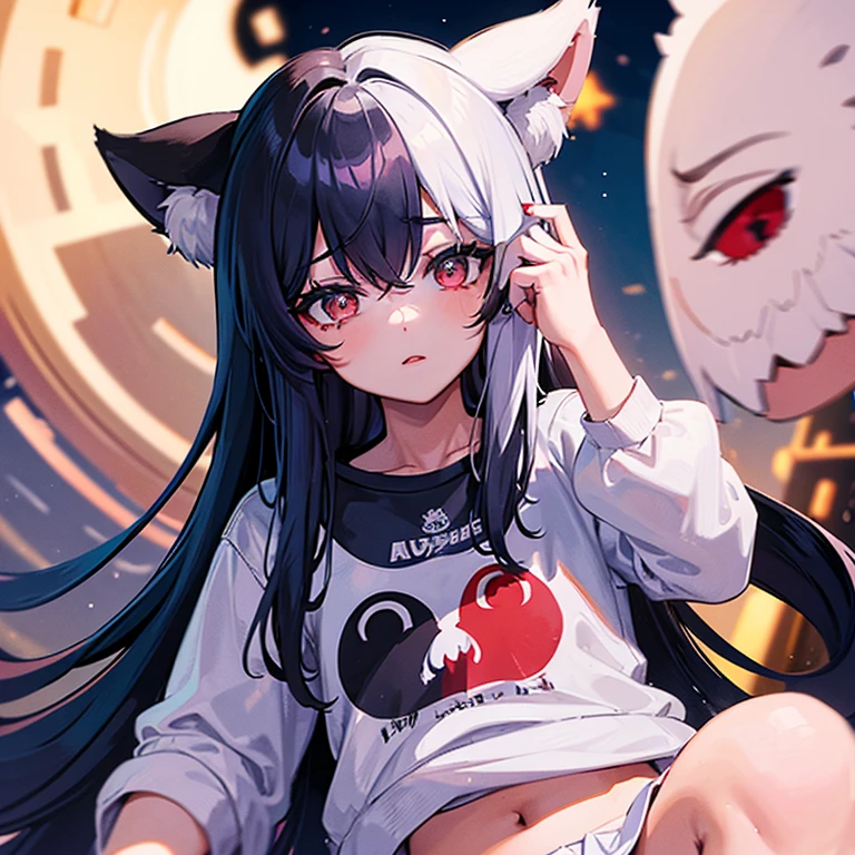 Una chica anime de cabello oscuro,ojos rojos,una blusa blanca,dark pants,unos tacones,orejas y cola de lobo
