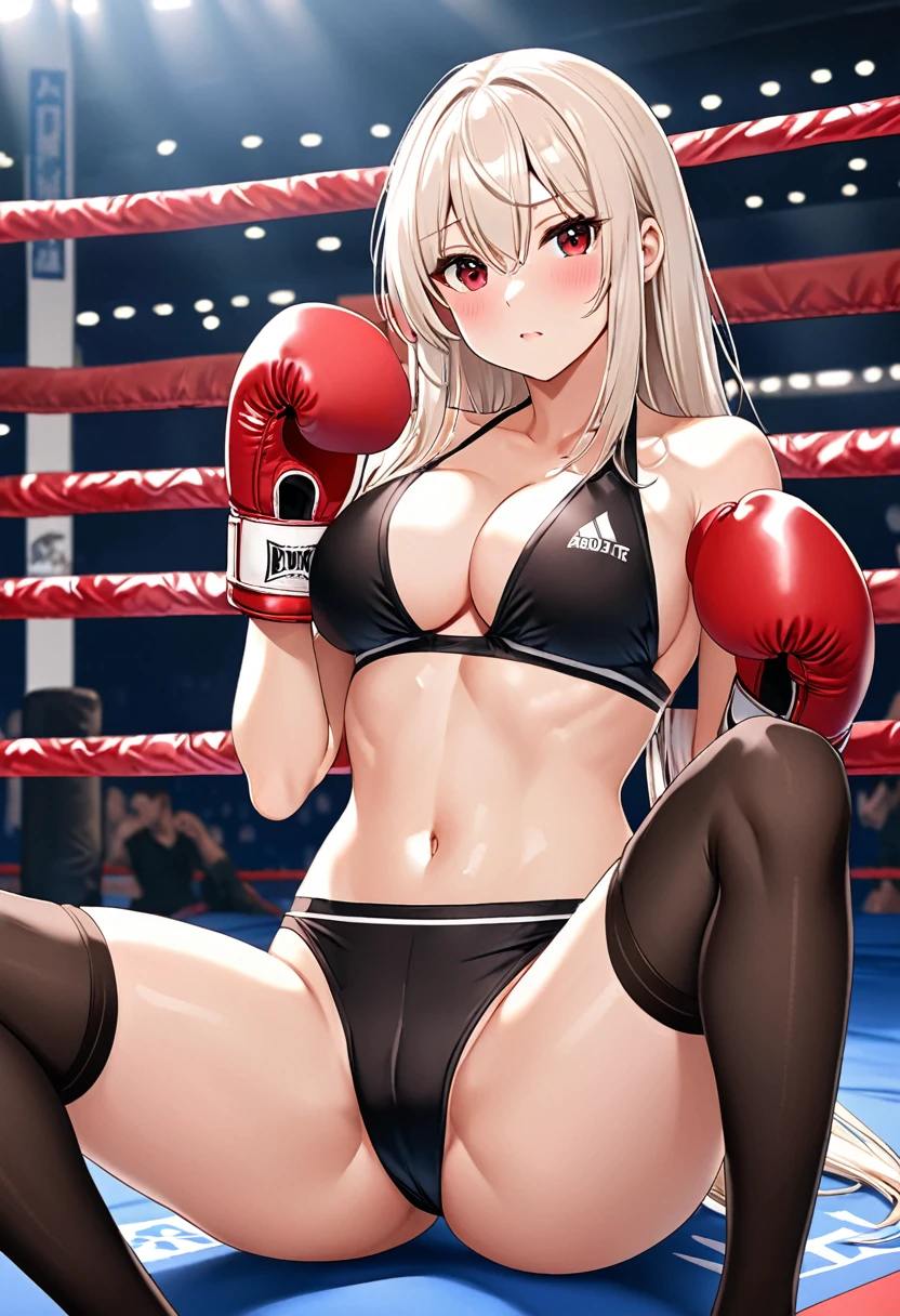 high quality,girl(28 years old),White straight hair,Red Eyes,shy,blush,Wearing a bikini,Black stockings,Wearing boxing gloves,Cleavage,Large Breasts,Camel toe,Long legs,Thin waist,Vest line,Absolute Domain,Sitting in the boxing ring with legs spread