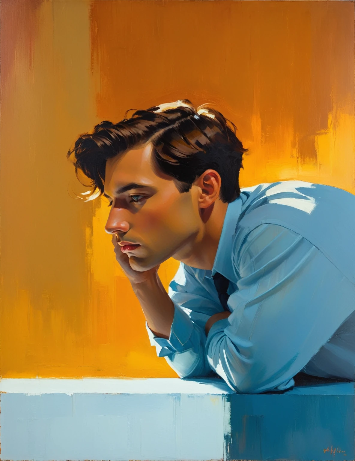 Create an evocative oil painting inspired by Malcolm Liepke, Capture the man's introspective expression and refined mood using thick, expressive brushstrokes. Infuse the painting with a warm, muted color palette, incorporating earthy tones and deep blues. Highlight the dramatic interplay of light and shadow, casting a soft, golden glow from the window. Emphasize the tactile quality of the oil paint and maintain a simple, textured background that complements the subject's contemplative presence. Blurry effect