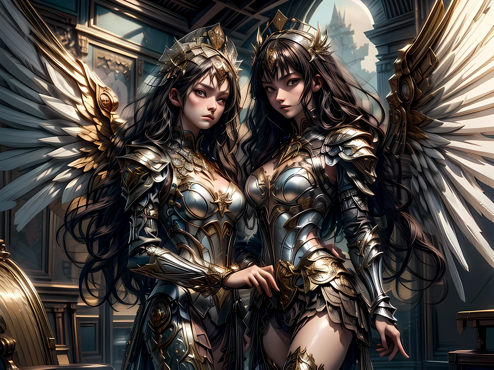 16K, ultra detailed, masterpiece, best quality, (extremely detailed), arafed, dnd art, portrait, full body, aasimar, female, (Masterpiece 1.3, intense details), female, paladin, holy warrior fighting undead (Masterpiece 1.3, intense details) large angelic wings, white angelic wings spread (Masterpiece 1.3, intense details), dark fantasy cemetery background, moon light, moon, stars, clouds, wearing (white: 1.1)  armor (Masterpiece 1.3, intense details), holy symbol, armed with sword, short blond hair,  detailed face, (Masterpiece 1.5, best quality), anatomically correct (Masterpiece 1.3, intense details), angel_wings, determined face, god rays, cinematic lighting, glowing light, silhouette, from outside, photorealism, panoramic view  (Masterpiece 1.3, intense details) , Wide-Angle, Ultra-Wide Angle, 8k, highres, best quality, high details, armored dress