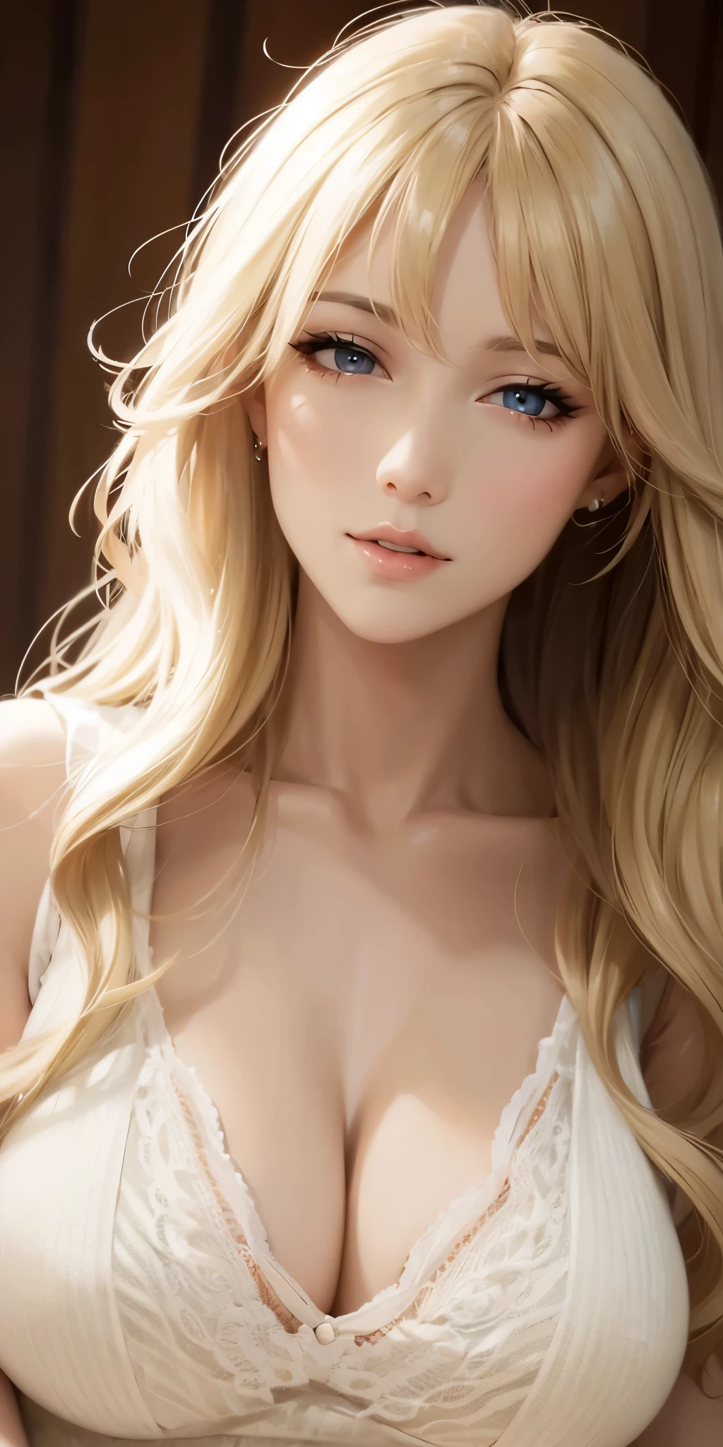 Elegant mature female, milf, blue eyes, blonde hair, bangs, soft light, 4k resolution, high quality, beautiful cg