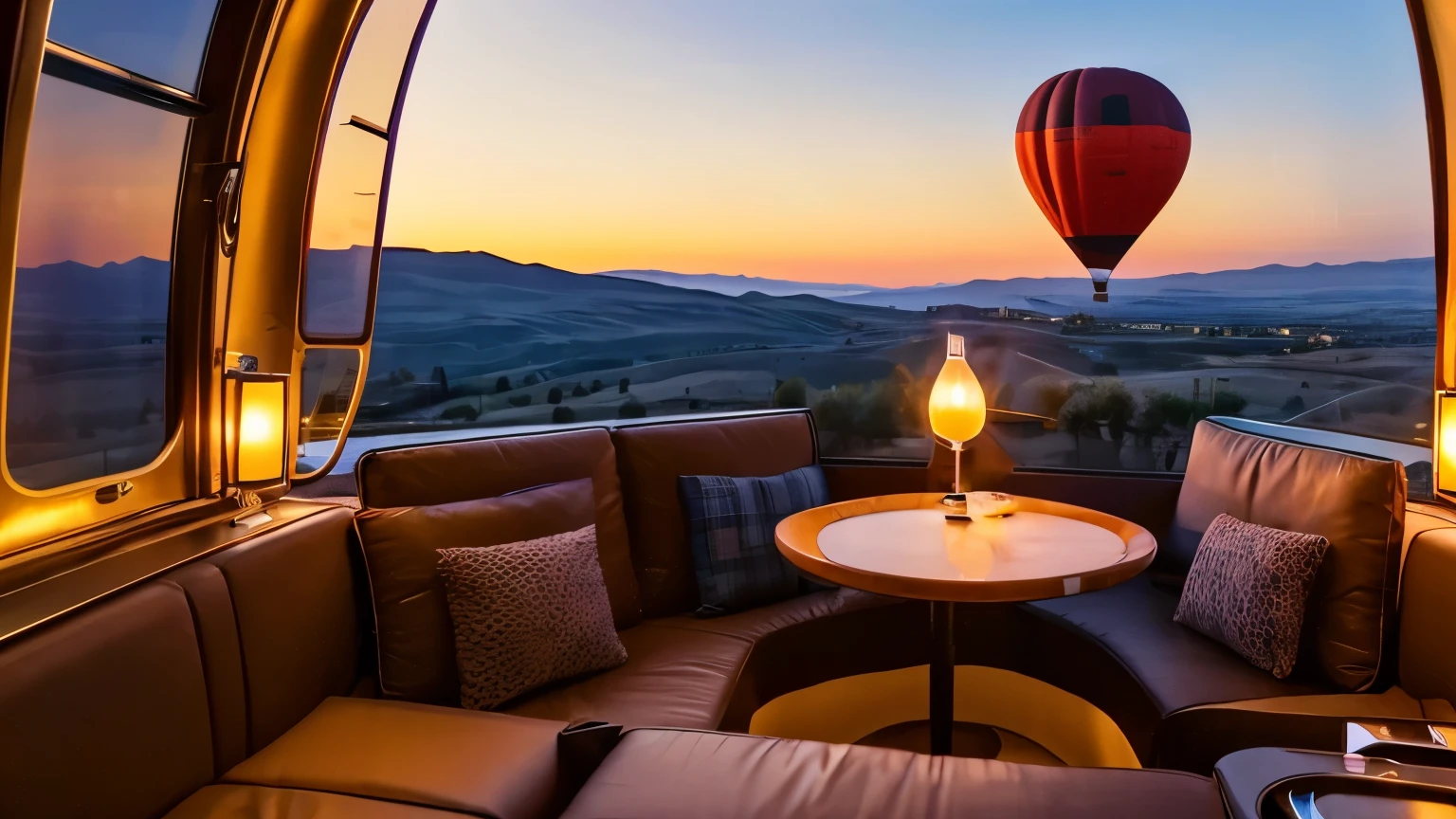 Retreat in the sky: hot air balloon suites, coffee

Location: over Cappadocia, Turkey
SUITE: Luxury basket cabins
Views: breathtaking panoramic views, spectacular sunrise and sunset views
Equipment: premium coffee machine, laptop, astronomical telescope
Details:
Inside the cabins are spacious and equipped with a bed, sofa and mini-kitchen.
The basket has a balcony where you can enjoy breakfast outdoors or stargaze.
Hot air balloons are private and are operated by a dedicated pilot.