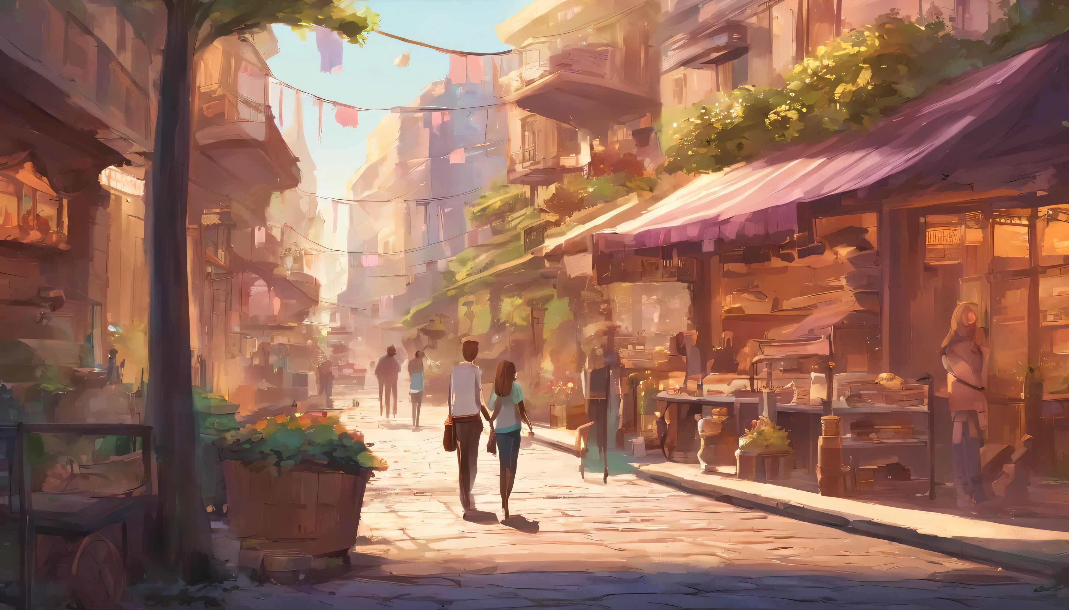 traditional street with shop store background, there are two couple (one boy & one girl eating ice cream) and modern city street with tree, mountain, river, balcony.