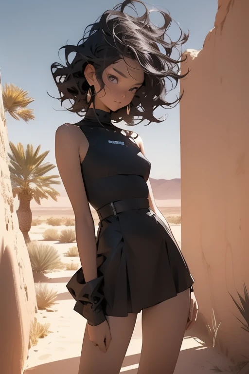 A woman with a captivating black, wavy hair and a charming , adorned in a short miniskirt, is dominantly positioned in the wilderness desert. She stands with her legs apart, exuding strength and confidence, as she grasps an iron pipe firmly in one hand. The setting sun casts dramatic shadows, illuminating her delicate features and creating a mesmerizing sight amidst the vast expanse of the desert. This captivating image, a masterpiece of high-quality photography, is a testament to the artist's exceptional skill and artistic vision. The iron pipe she holds, along with her determined stance, adds an element of intrigue, making this a truly unforget