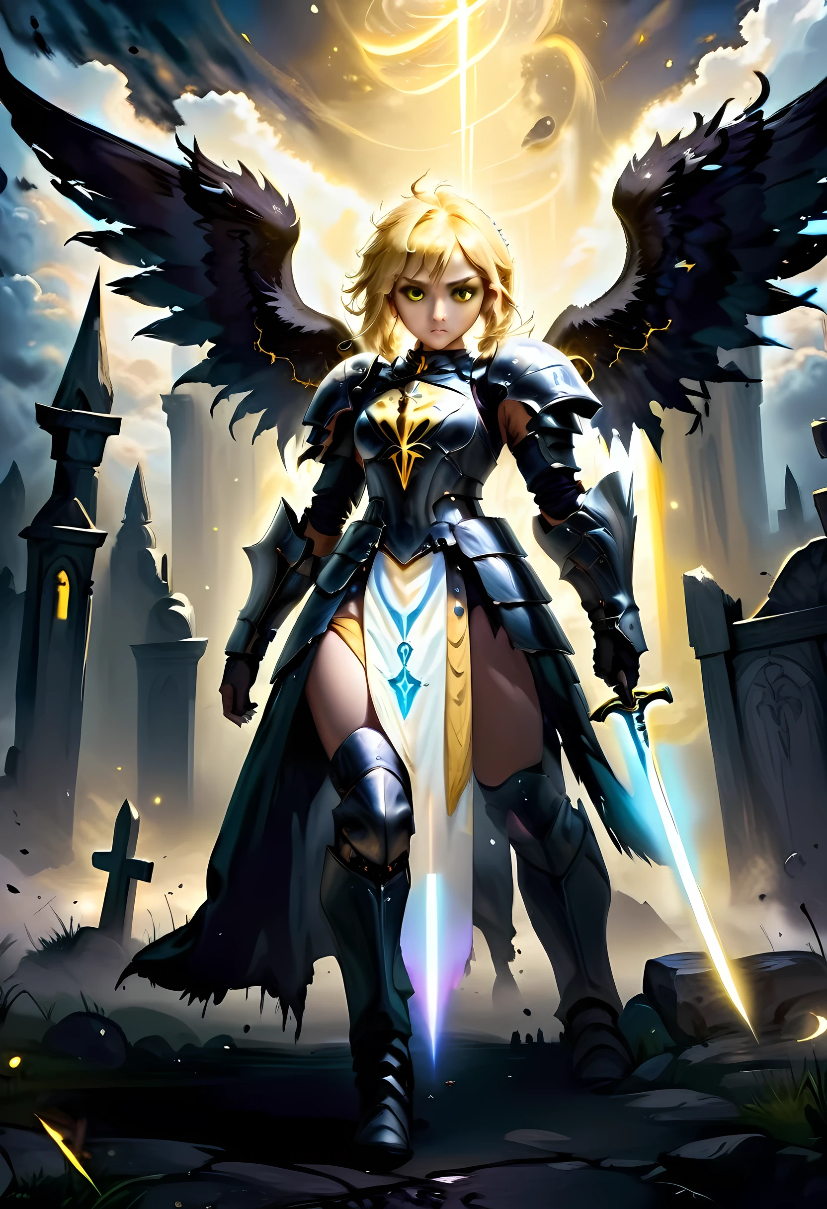 16K, ultra detailed, masterpiece, best quality, (extremely detailed), arafed, dnd art, portrait, full body, aasimar, female, (Masterpiece 1.3, intense details), female, paladin, holy warrior fighting undead (Masterpiece 1.3, intense details) large angelic wings, white angelic wings spread (Masterpiece 1.3, intense details), dark fantasy cemetery background, moon light, moon, stars, clouds, wearing (white: 1.1)  armor (Masterpiece 1.3, intense details), holy symbol, armed with sword, short blond hair,  detailed face, (Masterpiece 1.5, best quality), anatomically correct (Masterpiece 1.3, intense details), angel_wings, determined face, god rays, cinematic lighting, glowing light, silhouette, from outside, photorealism, panoramic view  (Masterpiece 1.3, intense details) , Wide-Angle, Ultra-Wide Angle, 8k, highres, best quality, high details, armored dress, feathered wings, GlowingRunesAI_yellow