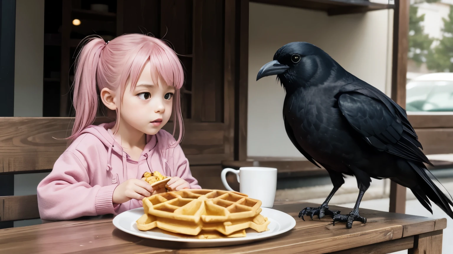 pink girl and crow eating waffles