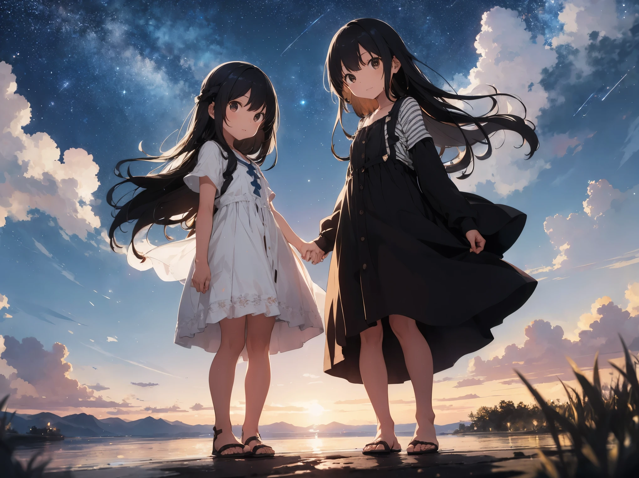 Starry Sky、Girl with long black hair、Light red and white striped dress、Bare feet and sandals、sisters apart in age、Standing posture、Kindergartener's sister、College student sister、Hold hands