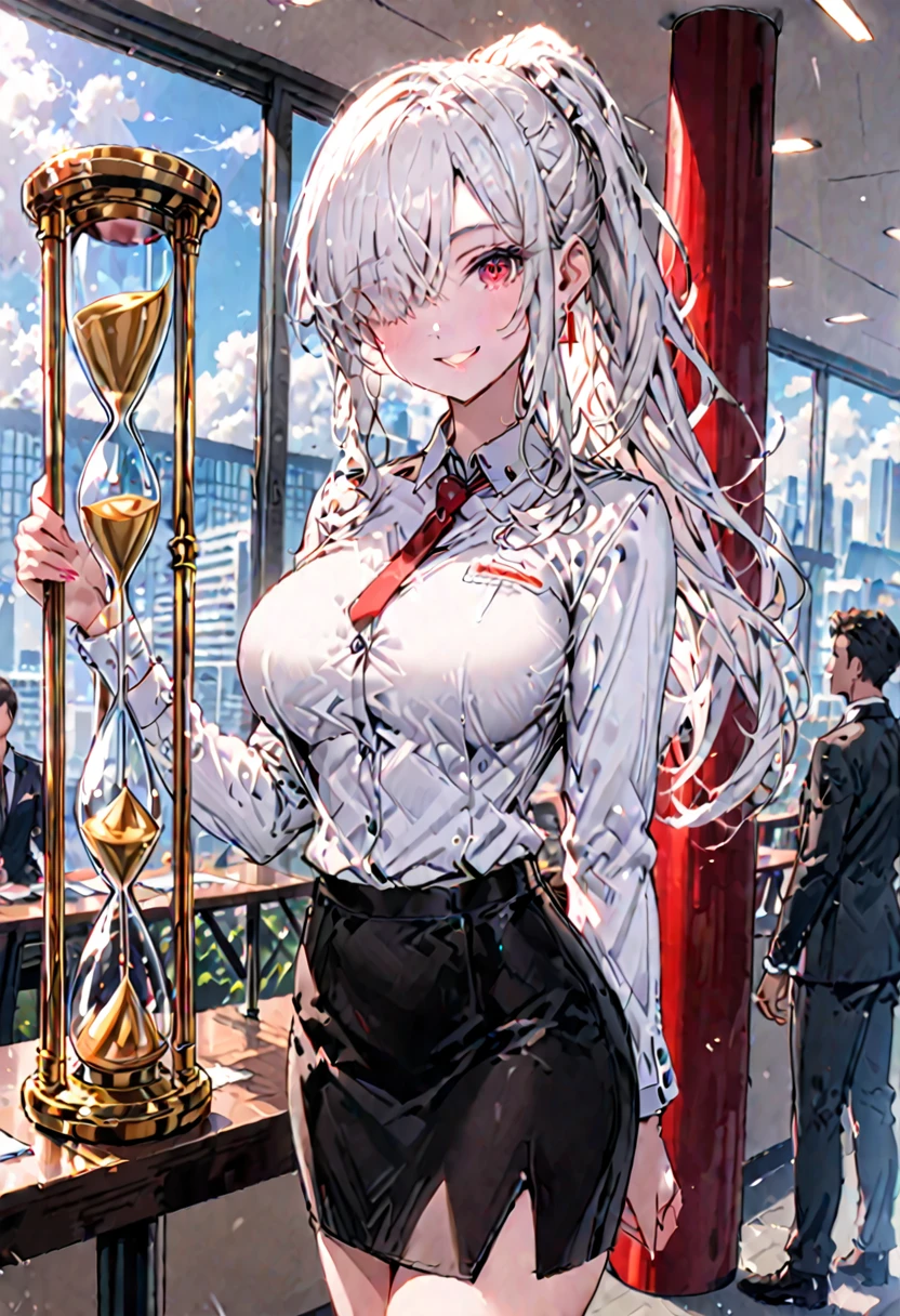 female, solo, sfw, medium shot, white hair, red eyes, tall:1.2, large breasts:1.2, long hair, ponytail, hair over one eye, hourglass figure, strong, pencil skirt, white business suit, conference, happy smile, day