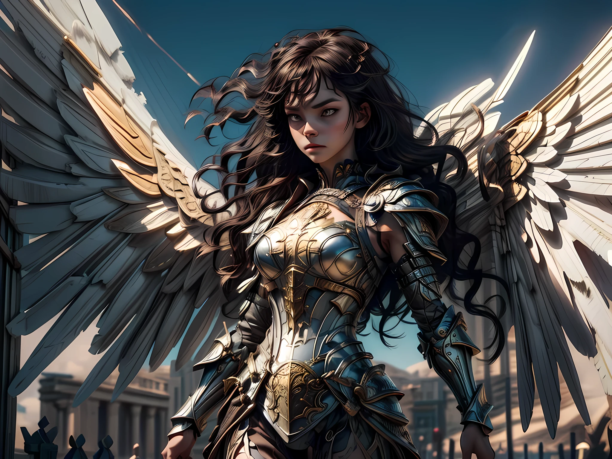 16K, ultra detailed, masterpiece, best quality, (extremely detailed), arafed, dnd art, portrait, full body, aasimar, female, (Masterpiece 1.3, intense details), female, paladin, holy warrior fighting undead (Masterpiece 1.3, intense details) large angelic wings, white angelic wings spread (Masterpiece 1.3, intense details), dark fantasy cemetery background, moon light, moon, stars, clouds, wearing (white: 1.1)  armor (Masterpiece 1.3, intense details), holy symbol, armed with sword, short blond hair,  detailed face, (Masterpiece 1.5, best quality), anatomically correct (Masterpiece 1.3, intense details), angel_wings, determined face, god rays, cinematic lighting, glowing light, silhouette, from outside, photorealism, panoramic view  (Masterpiece 1.3, intense details) , Wide-Angle, Ultra-Wide Angle, 8k, highres, best quality, high details, armored dress