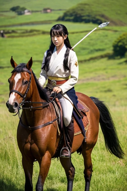 Sengoku period Japanese woman on horseback warrior Has a spear War Grassland anime