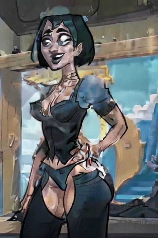 ((obra de arte,melhor qualidade)), absurdos,
gwen_Total_Drama, Gothic, barriga, sorridente, saia, meias altas, 
Sozinho, sorridente, olhando para o espectador, tiro de vaqueiro, ,
Film composition, contrapposto