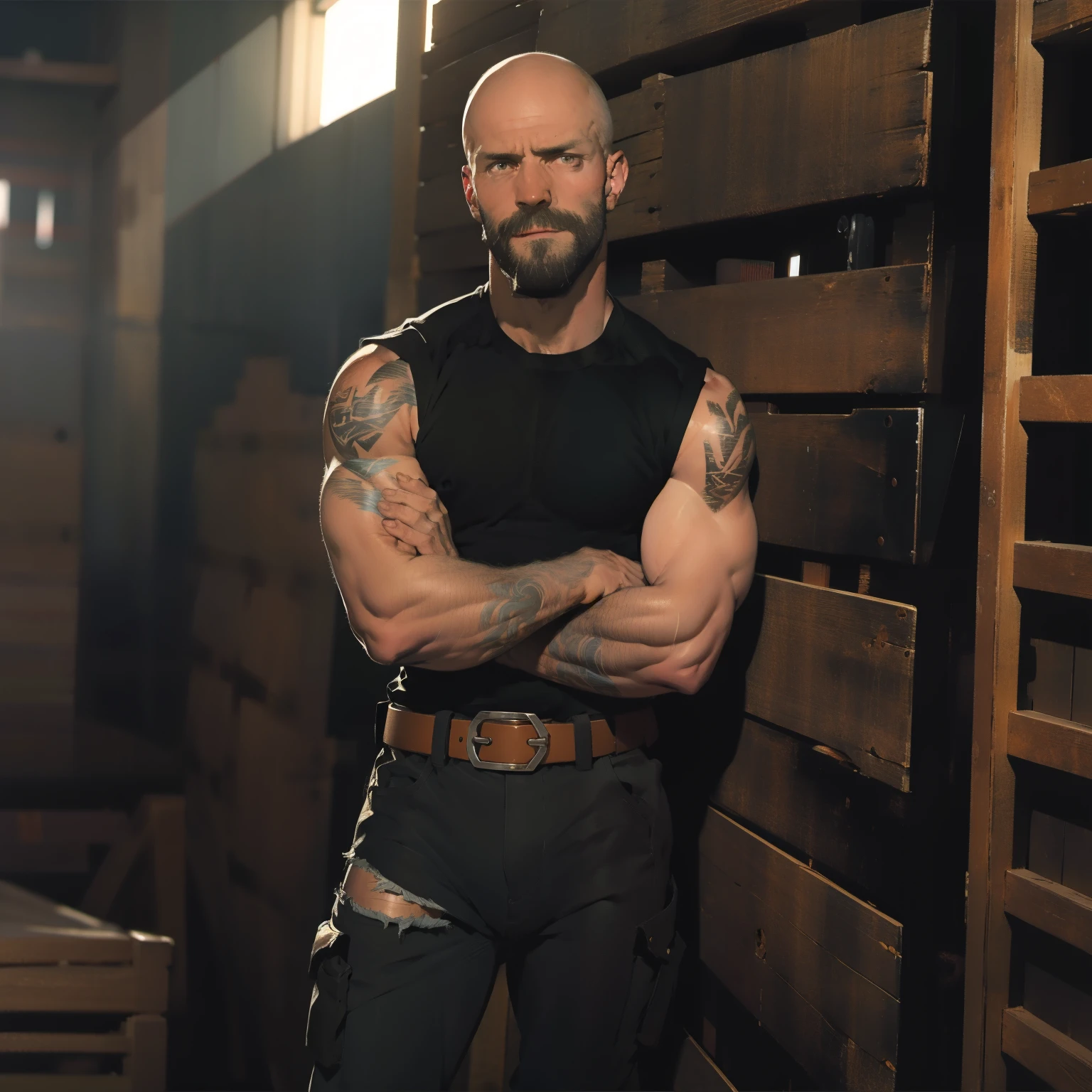 tall bald handsome man with beard, daddy, dark tattoos, lean fit body, soccer shirt, 30yo, dynamic lighting, lean body, loose cargo plants pants, character sheet, full body shot, ripped pants, belt, holster, carpenter, sweaty