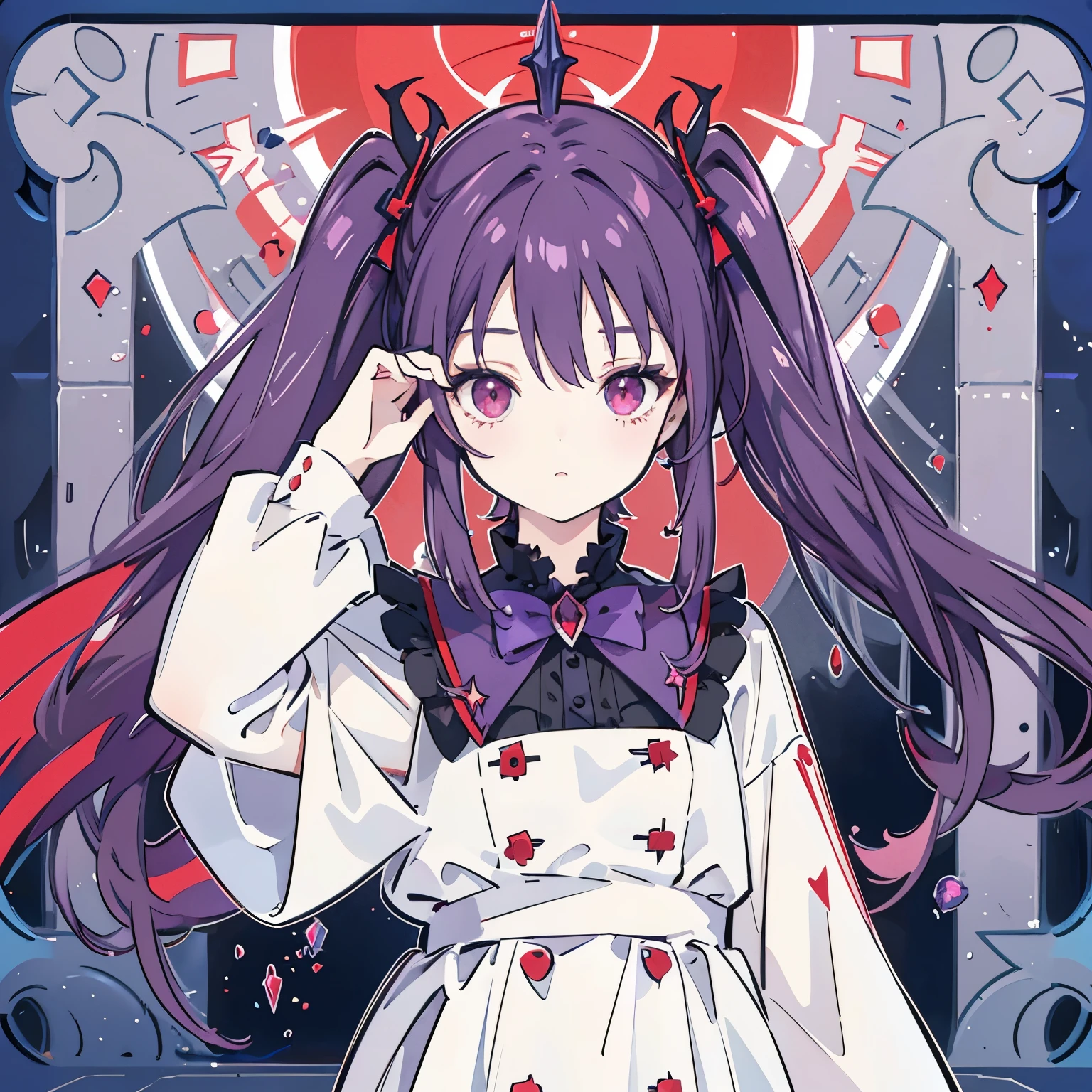 A short dark purple hair girl with long twintail hair. She is a half vampire. She have red eye. She wear boyish looking cloth that make him look like a prince. Magical girl