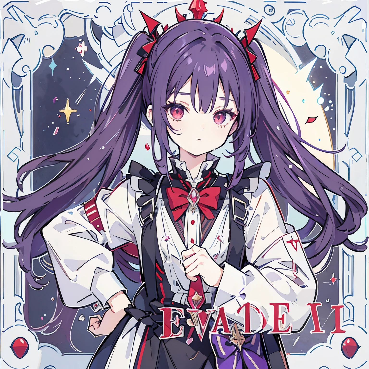 A short dark purple hair girl with long twintail hair. She is a half vampire. She have red eye. She wear boyish looking cloth that make him look like a prince. Magical girl