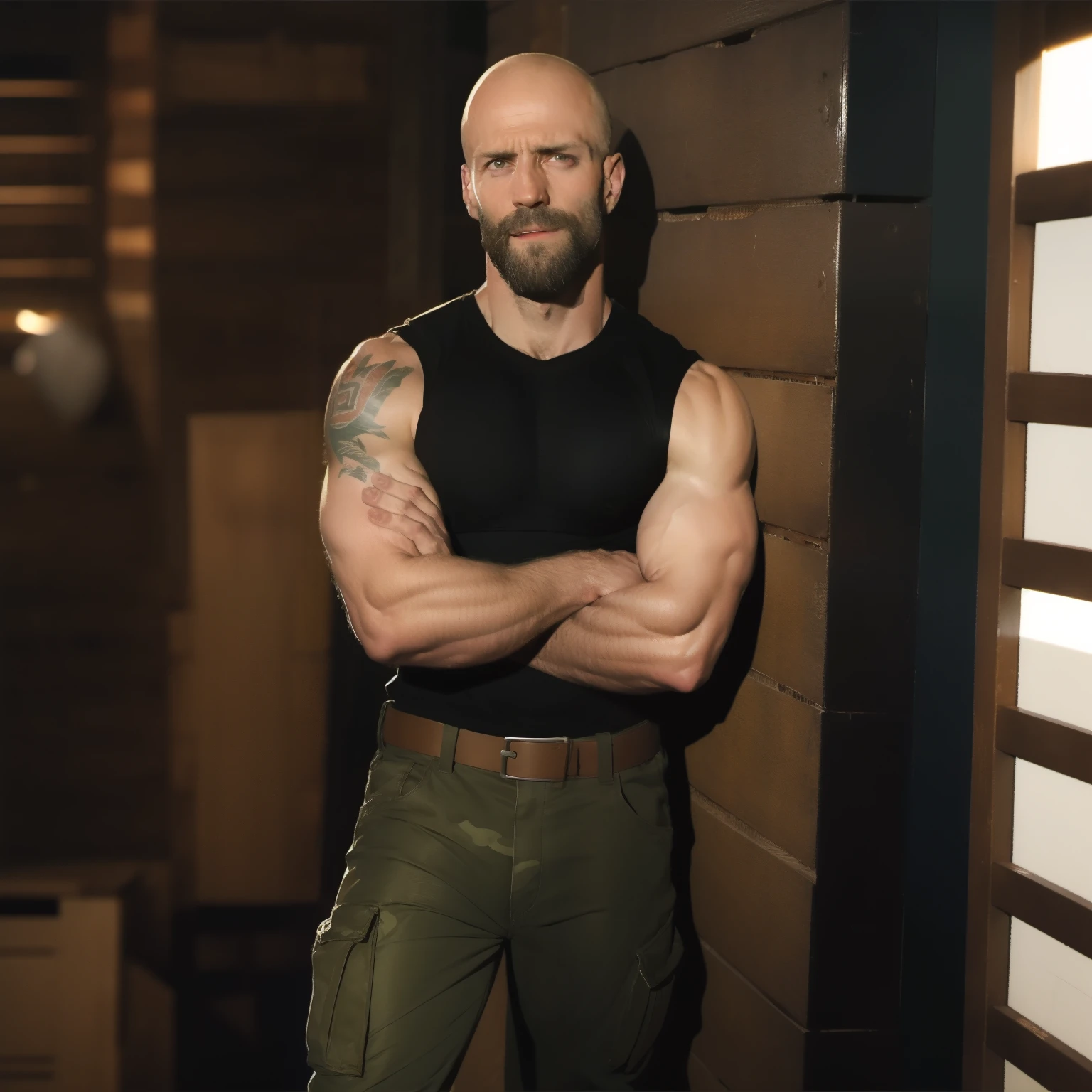 tall bald handsome man with beard, daddy, dark tattoos, lean fit body, soccer shirt, 30yo, dynamic lighting, lean body, loose cargo camo pants, character sheet, full body shot, ripped pants, belt, carpenter pants, sweaty