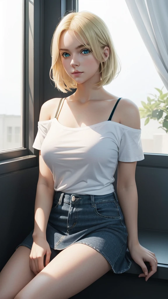 Create a photo realistic young woman with blonde hair (length until her shoulders), blue eyes and large . She wears a white t-shirt, round neck, long fit and short sleeves, without a bra, and she also wears a uni color black cotton mini skirt. Sitting on the window sill 