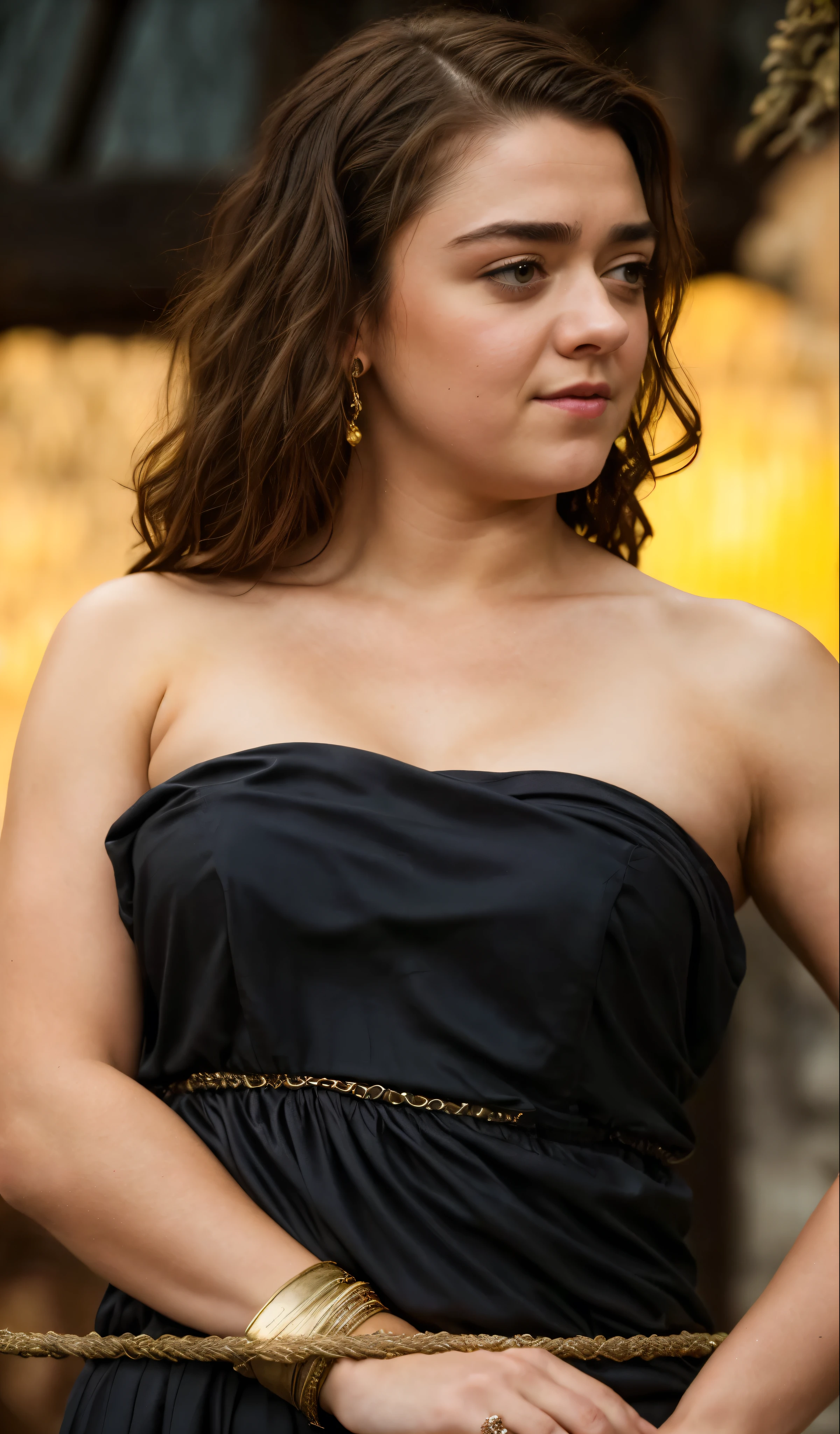 Foto RAW, Arya Stark, Stunning Beauty, Ravishing, Enchantress, Extremely gorgeous lady, Arya Stark PLAYED BY MAISIE WILLIAMS, Queen Arya Stark, she  a mature woman now, milf, sexy mediaeval battle dress, gladiator woman, body, 40 years old Woman, Roman slave dress, cotton dress, busty mediaeval costumes, body revealing costumes, perky breast, big natural breast, erotic costumes, lusty physique, seductive figure can capture every people's attention, Game of thrones costumes, revealing captivating figure, Mediaeval costumes, revealing clothes, A tomboy, she would rather fence than dance, warrior queen , game of thrones screen caps, Game of Thrones Series, (pele altamente detalhada: 1.2), 8k UHD, DSLR, soft-lighting, alta qualidade, grain of film, Fujifilm XT3, flawless picture, highly detailed, detailed Beauty, intricate, 32k, sharp picture,