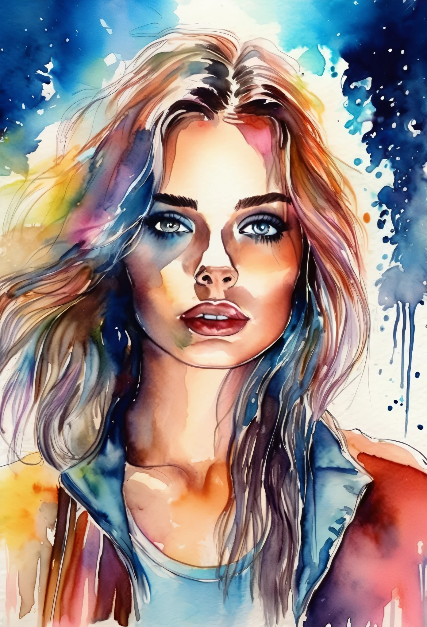 Watercolor hand drawing, Colorful, cute woman walking through a futuristic cityscape, seductive look and sexy, A hyper-realistic, cinematic lighting, delicate detail, highly detailed face and eyes, Masterpiece, adorable, astounding, Exquisite, captivating, polished, Excellent, stupendous, vivid colors, Hair illumination, voluminous lighting, 8K, Perfect eyes, expressive eyes, Smoke particles fx, mist, bokeh