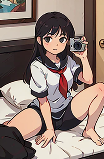 Girl with black hair showing her panties to the camera , looking at the camera,  corada,  opening your legs towards the camera, usando uma regata e uma saia, em um quarto, sentada no canto da cama, squat position 