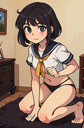Girl with black hair showing her panties to the camera , looking at the camera, corada, opening your legs towards the camera, usando uma regata e uma saia, em um quarto, sentada no canto da cama, squat position
