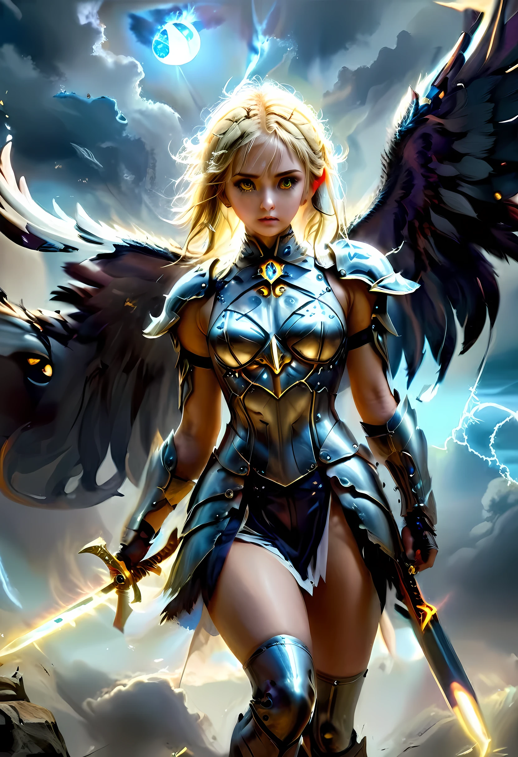 16K, ultra detailed, masterpiece, best quality, (extremely detailed), arafed, dnd art, portrait, full body, aasimar, female, (Masterpiece 1.3, intense details), female, paladin, holy warrior fighting undead (Masterpiece 1.3, intense details) large angelic wings, white angelic wings spread (Masterpiece 1.3, intense details), dark fantasy cemetery background, moon light, moon, stars, clouds, wearing (white: 1.1)  armor (Masterpiece 1.3, intense details), holy symbol, armed with sword, short blond hair,  detailed face, (Masterpiece 1.5, best quality), anatomically correct (Masterpiece 1.3, intense details), angel_wings, determined face, god rays, cinematic lighting, glowing light, silhouette, from outside, photorealism, panoramic view  (Masterpiece 1.3, intense details) , Wide-Angle, Ultra-Wide Angle, 8k, highres, best quality, high details, armored dress, feathered wings, GlowingRunesAI_yellow