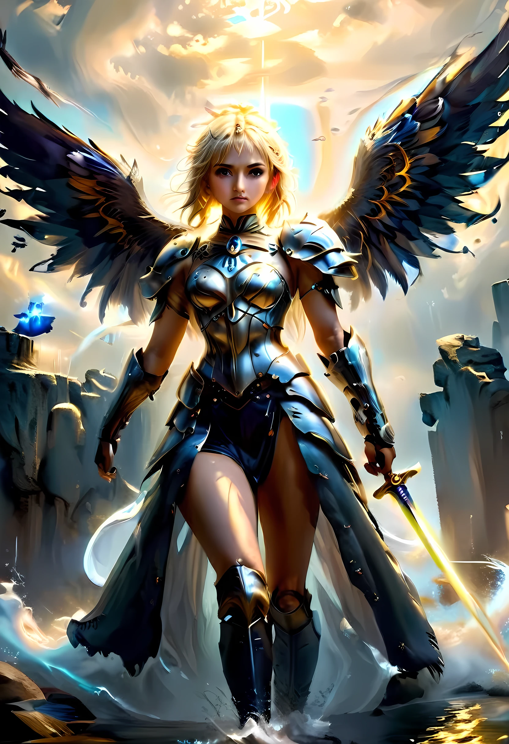 16K, ultra detailed, masterpiece, best quality, (extremely detailed), arafed, dnd art, portrait, full body, aasimar, female, (Masterpiece 1.3, intense details), female, paladin, holy warrior fighting undead (Masterpiece 1.3, intense details) large angelic wings, white angelic wings spread (Masterpiece 1.3, intense details), dark fantasy cemetery background, moon light, moon, stars, clouds, wearing (white: 1.1)  armor (Masterpiece 1.3, intense details), holy symbol, armed with sword, short blond hair,  detailed face, (Masterpiece 1.5, best quality), anatomically correct (Masterpiece 1.3, intense details), angel_wings, determined face, god rays, cinematic lighting, glowing light, silhouette, from outside, photorealism, panoramic view  (Masterpiece 1.3, intense details) , Wide-Angle, Ultra-Wide Angle, 8k, highres, best quality, high details, armored dress, feathered wings, GlowingRunesAI_yellow