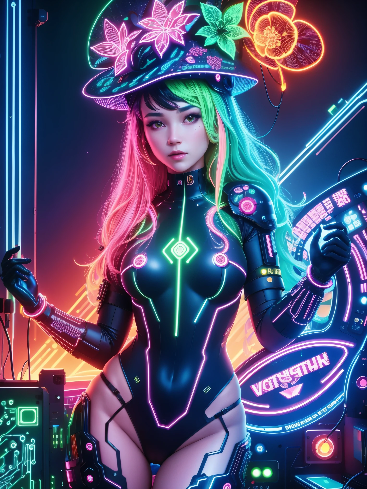 (Neon lights)，circuit boards，(Beautiful girl wearing fruit flower hat), Gurwitz style artwork，Neon lights，(UHD, masterpiece, ccurate, anatomically correct, textured skin, super detail, high details, award winning, best quality, 8k)