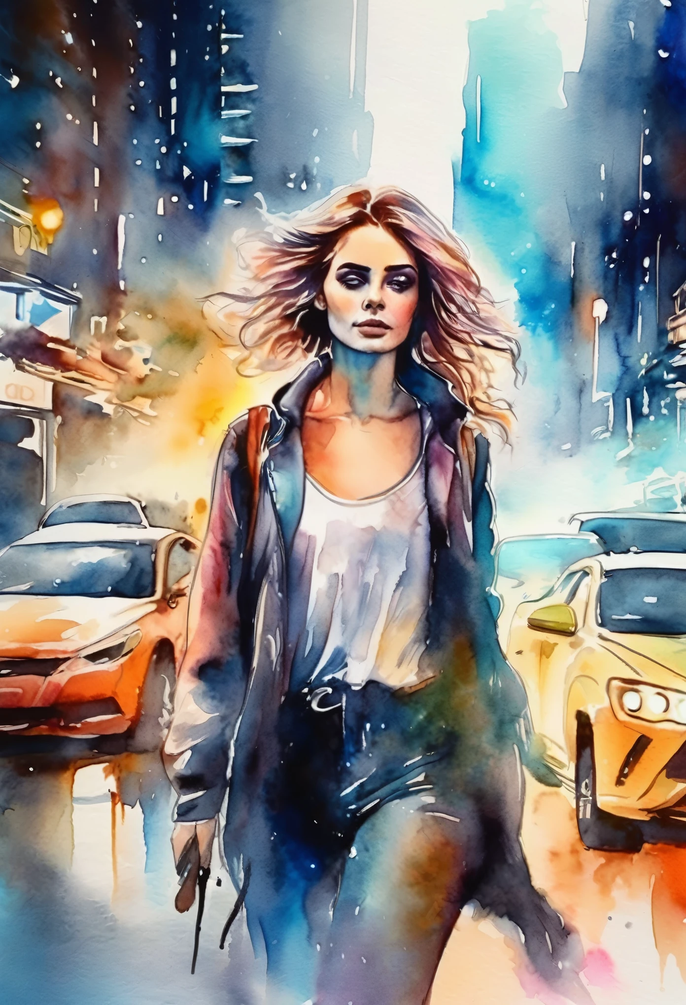 Watercolor hand drawing, Colorful, cute woman walking through a futuristic cityscape, seductive look and sexy, A hyper-realistic, cinematic lighting, delicate detail, highly detailed face and eyes, Masterpiece, adorable, astounding, Exquisite, captivating, polished, Excellent, stupendous, vivid colors, Hair illumination, voluminous lighting, 8K, Perfect eyes, expressive eyes, Smoke particles fx, mist, bokeh