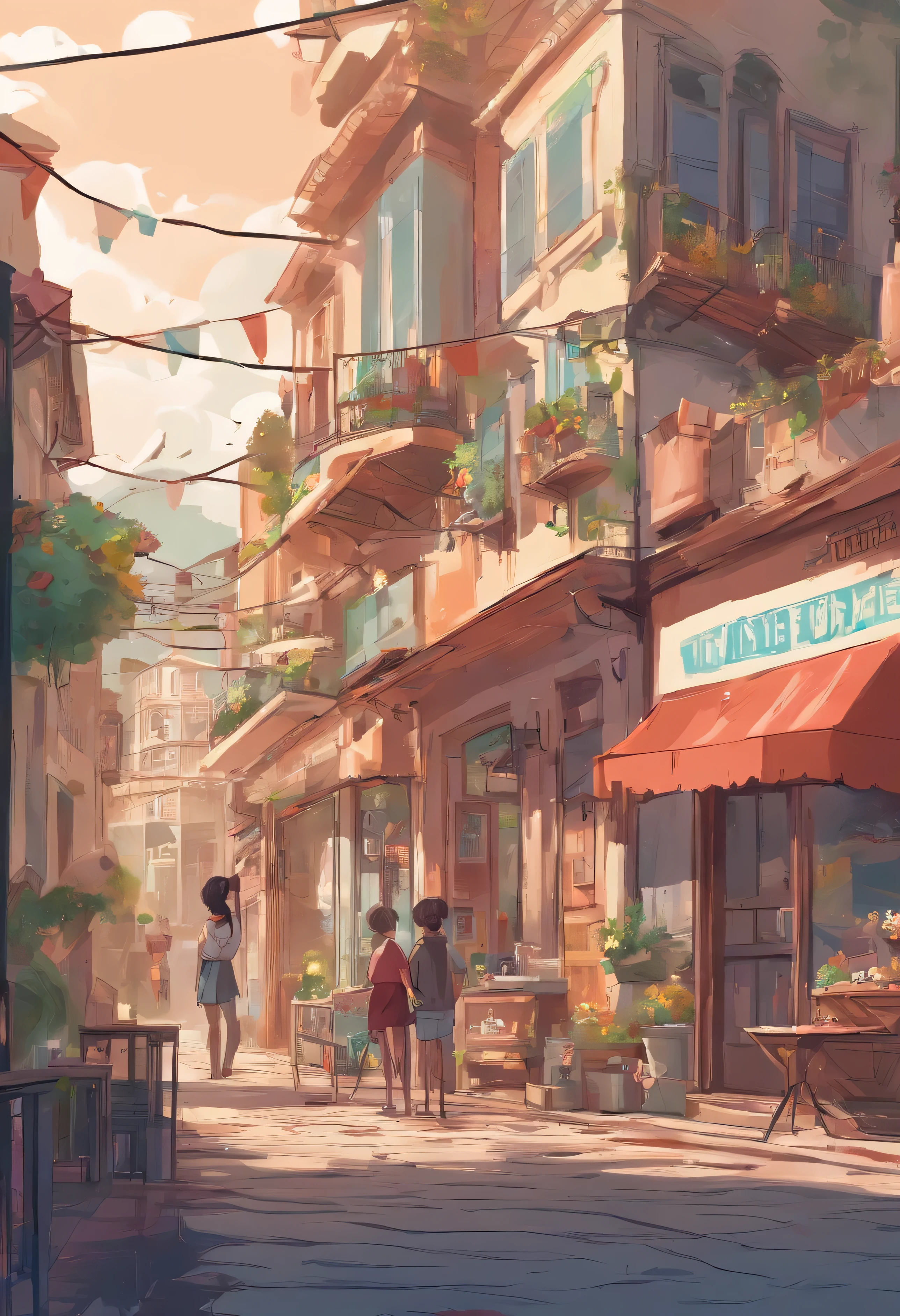 traditional street with shop store background, there are two couple (one boy & one girl eating ice cream) and modern city street with tree, mountain, river, balcony.
