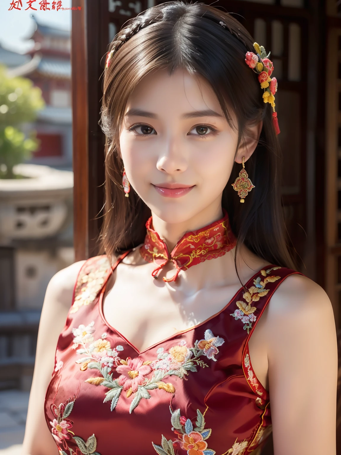 Ulchan-6500-v1.1, (Raw photo:1.2), (Photoreal:1.4), Delicate beautiful girl，The sparkling eyes have a very nice atmosphere...，18-year-old, Attractive eyes and moist lips，long black hair，（smile：1.3），detailed depiction of the face，Formula details，Detailed depiction of facial features Star Masterpiece Fine Detail，Please explain your role in detail，Detailed depiction of hair，carefully drawn ，My body is bumpy，Detailed depiction of hands，detailed costumes，detailed depiction of the face，perfect face，Detailed depiction of hands drawn by the military，4 fingers and 1 thumb：1.3），orthofacial，choker necklace，lipstick，ear drops，3/4 photo，works of masters，extremely close to reality，（upper body photo：1.3），best image quality，best quality，endless details，8K resolution，(((Beautiful patterned embroidered cheongsam 1.3)))，(((red cheongsam)))，（ancient courtyard scene：1.3）,((whole body)), Turning Body,