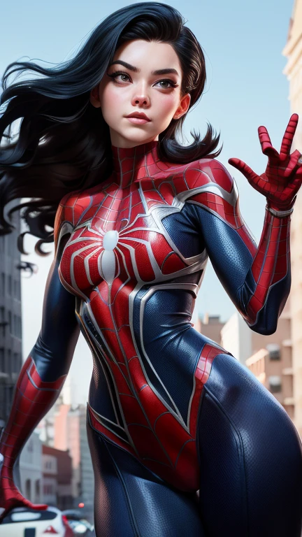 A close up of a woman in a spider - man suit swinging on a spider web above a city street Beautiful woman detailed defined body using spider man cosplay, medium breasts