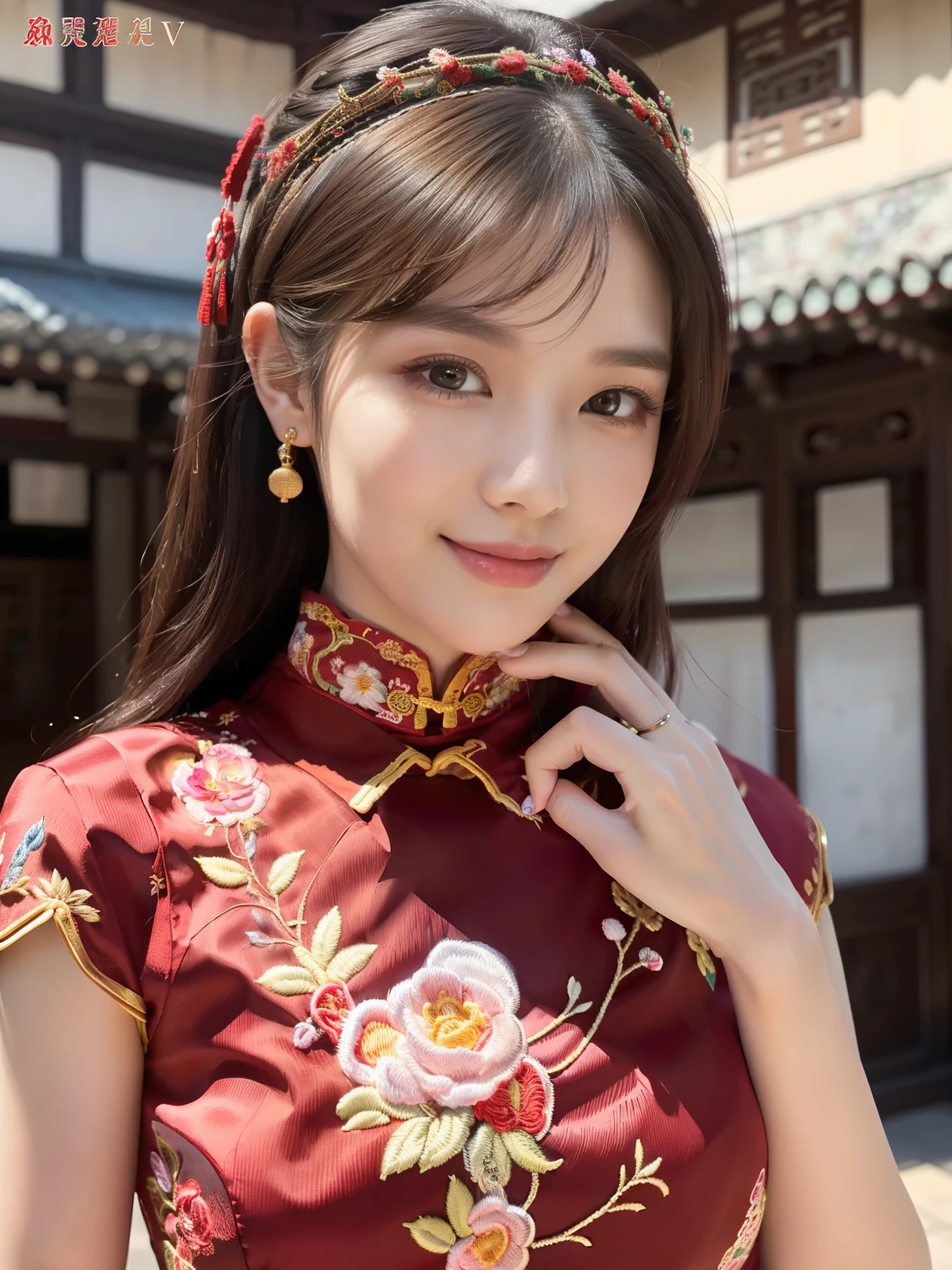 Ulchan-6500-v1.1, (Raw photo:1.2), (Photoreal:1.4), Delicate beautiful girl,The sparkling eyes have a very nice atmosphere...,18-year-old, Attractive eyes and moist lips,long black hair,(smile:1.3),detailed depiction of the face,Formula details,Detailed depiction of facial features Star Masterpiece Fine Detail,Please explain your role in detail,Detailed depiction of hair,carefully drawn ,My body is bumpy,Detailed depiction of hands,detailed costumes,detailed depiction of the face,perfect face,Detailed depiction of hands drawn by the military,4 fingers and 1 thumb:1.3),orthofacial,choker necklace,lipstick,ear drops,3/4 photo,works of masters,extremely close to reality,(upper body photo:1.3),best image quality,best quality,endless details,8K resolution,(((Beautiful patterned embroidered cheongsam 1.3))),(((red cheongsam))),(ancient courtyard scene:1.3),((whole body)), Turning Body,