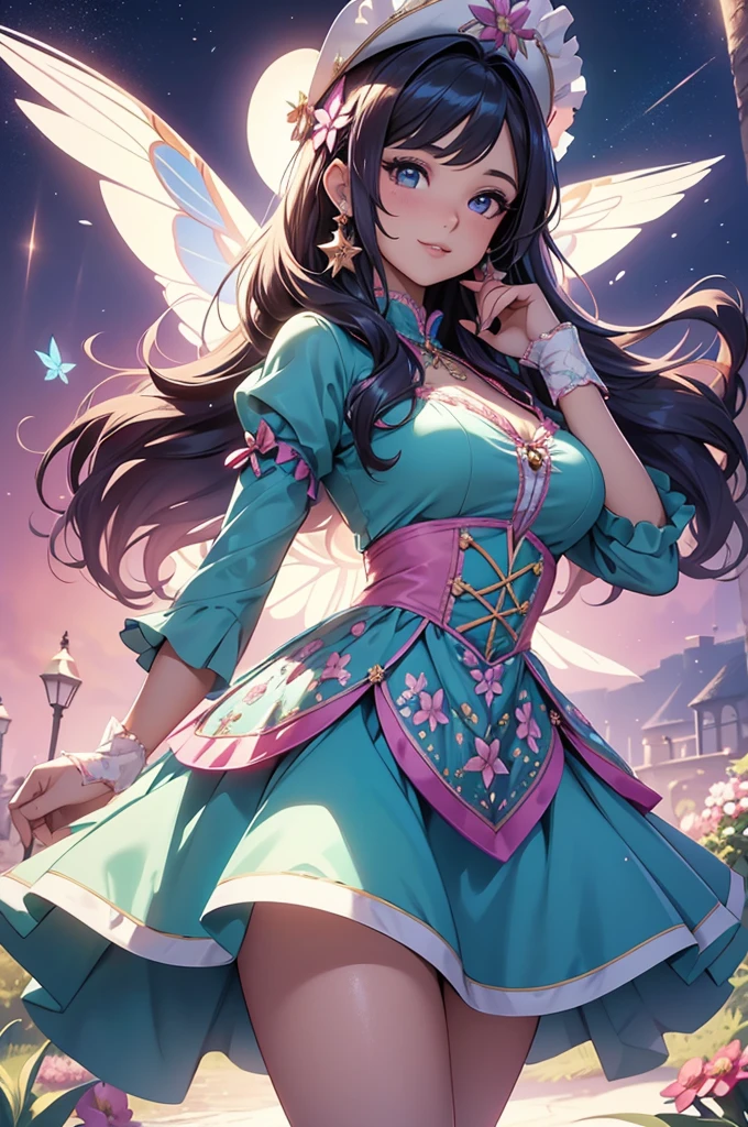 (best quality,4k,8k,highres,masterpiece:1.2),ultra-detailed,(realistic,photorealistic,photo-realistic:1.37),acrylic painting,beautiful Latina model in a ta dress with downy hair,beautiful Latina model with extremely colorful hair and detailed facial features,beautiful Latina model standing in a beautiful garden surrounded by a starry sky,beautiful Latina model wearing a vibrant Loliress,beautiful Latina model with intricate accessories and a matching hat,beautiful Latina model posing gracefully with her hands on her hips,beautiful Latina model with long flowing twintails,beautiful Latina model with bright blue eyes and rosy lips,beautiful Latina model with a joyful expression,beautiful Latina model in a dynamic pose with cherry blossoms falling around her,beautiful Latina model surrounded by colorful flowers and butterflies,beautiful Latina model's dress adorned with cute bows and lace details,beautiful Latina model with an enchanting smile,beautiful Latina model with soft, pastel-colored shading,beautiful Latina model with a magical glow illuminating her,beautiful Latina model in a picturesque setting with a winding path leading to a magnificent castle,beautiful Latina model holding a microphone and singing passionately,beautiful Latina model with a fairytale-like background,beautiful Latina model with a soft, dreamy atmosphere,beautiful Latina model with a subtle bokeh effect,beautiful Latina model standing under a moonlit sky,beautiful Latina model with a warm, golden sunset in the background,beautiful Latina model surrounded by twinkling stars and colorful nebulae,creating an ethereal and captivating artistic masterpiece.