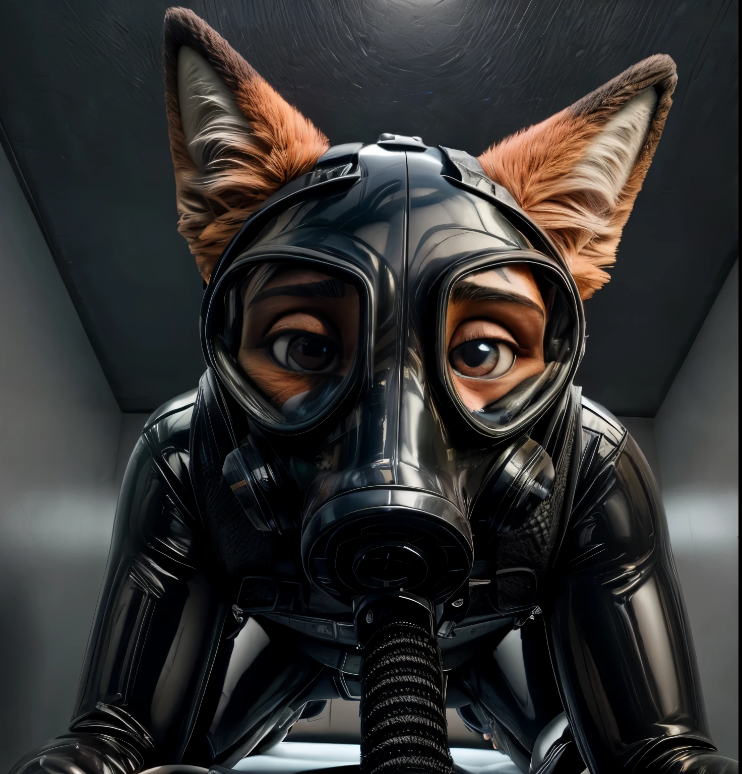 Photograph, realistic, 4k, Solo, furry, Nick Wilde, black rubber, dark medical examination room, (latex suit), looking at viewer, sweating, (detailed eyes, white sclera, ultra detailed eyes), low angle camera, on all fours, viewer wearing latex and strapped to gurney, in love, (lustful), evil, (gas mask), pastel gas mask, sinister, low angle camera, (on a medical gurney)