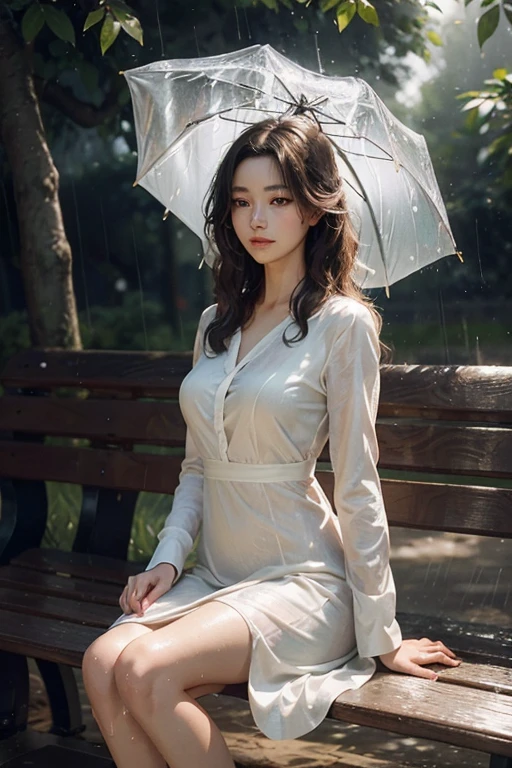 Hyper-realistic Illustration: Rainy Park

A woman in her 40s, elegantly dressed in a tight, form-fitting dress, finds herself without an umbrella during a downpour. Despite the rain soaking her clothes, she remains seated barefoot on a park bench, her poise and grace unfazed by the weather. The scene is bathed in the soft, melancholic light of the rain, casting soft highlights and shadows on her aged, yet beautiful features. With her hair loose and lightly curled, she wears no accessories, her eyes the focus of the illustration, detailed and expressive, displaying a sense of contrast between the rain and her calm de