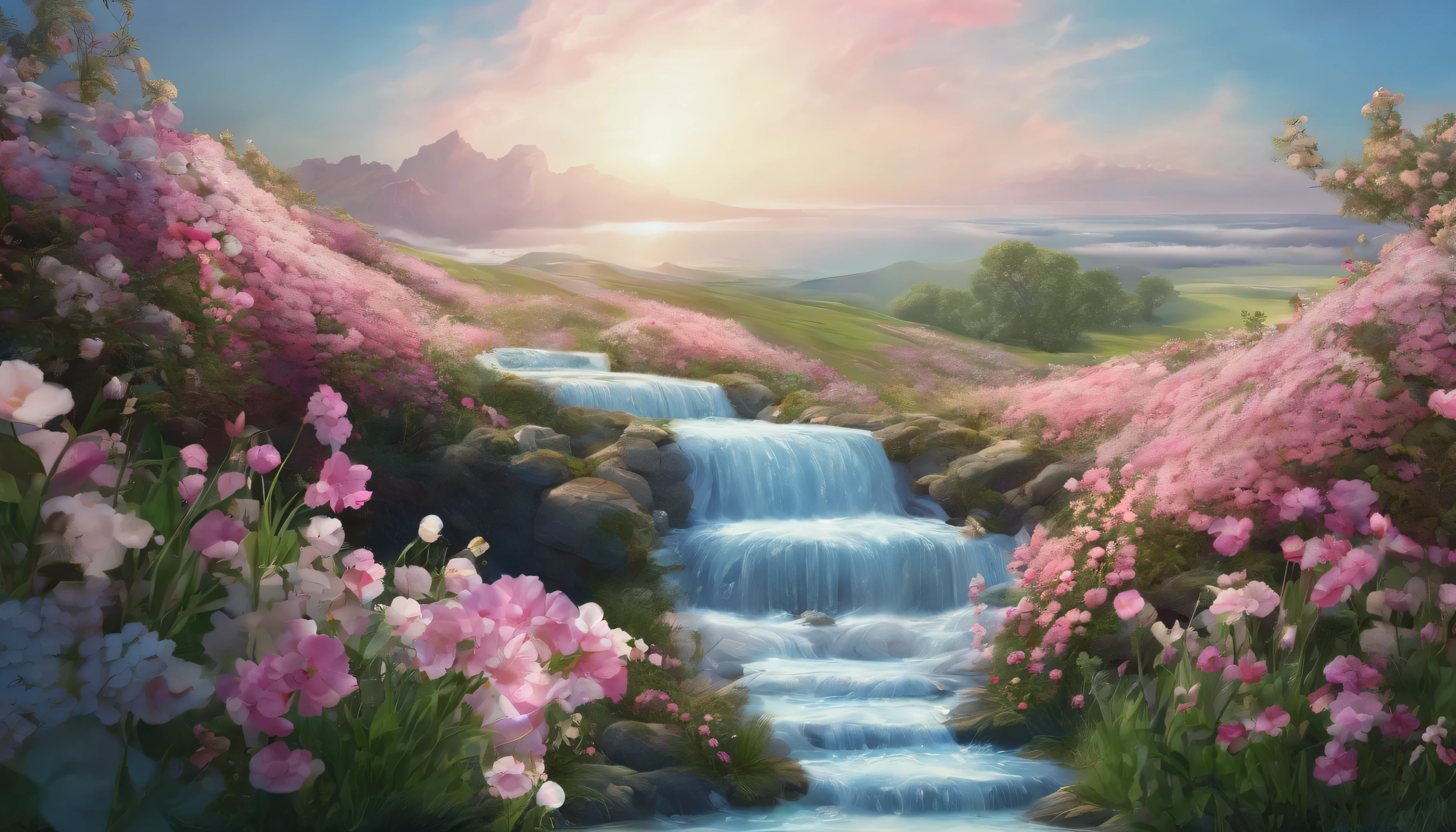 small waterfall, soft pink pea flower, mixed with grass, and little white flowers, blue sky and white coulds, deep colors