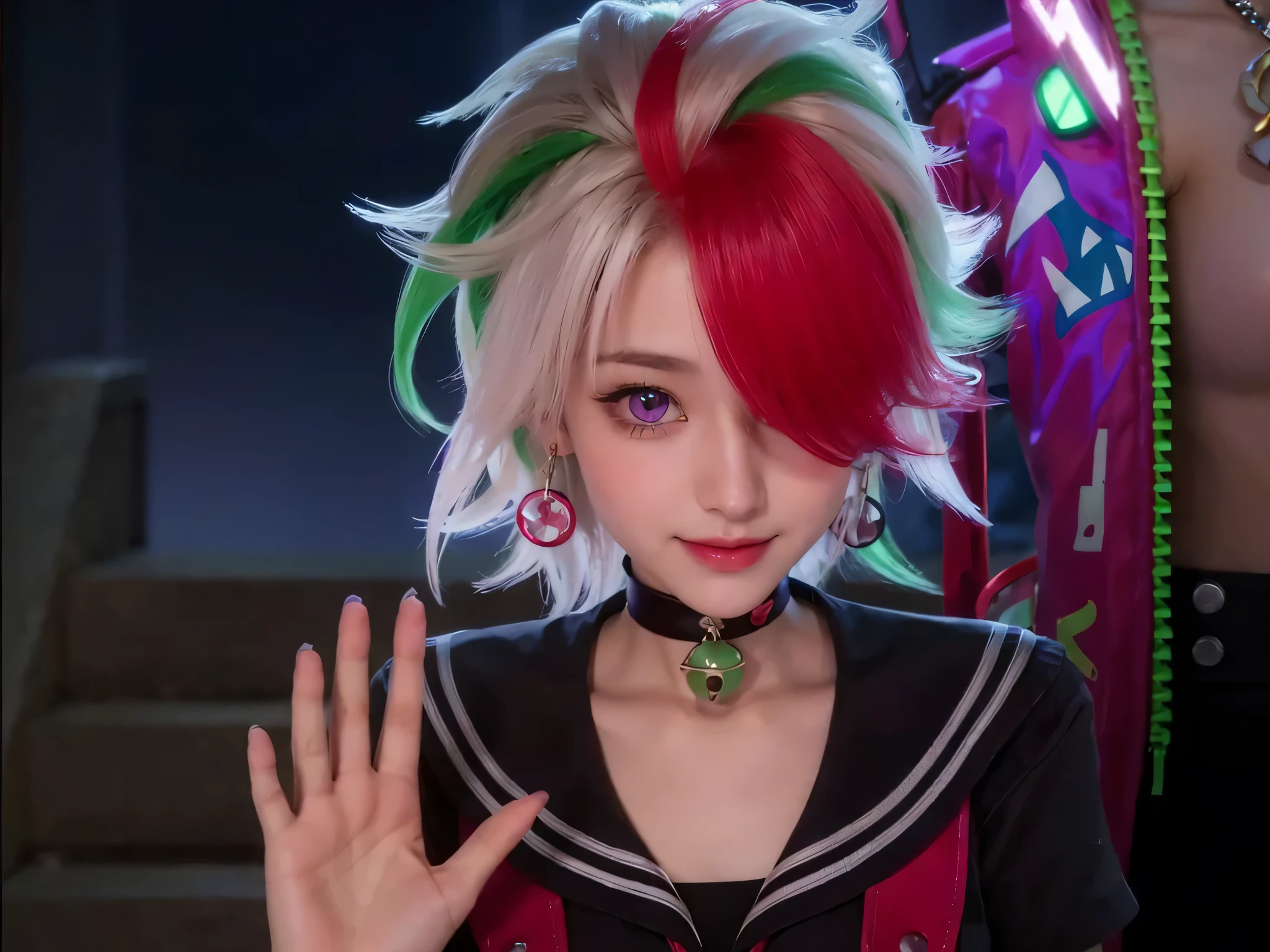 (female:1.2), realistic, 8k ultra quality, masterpiece, ultra detailed texture, female face is the same as picture, female is , same as the original picture, best quality3d, realistic, smile face, don't change face, purple eyes, short hair,