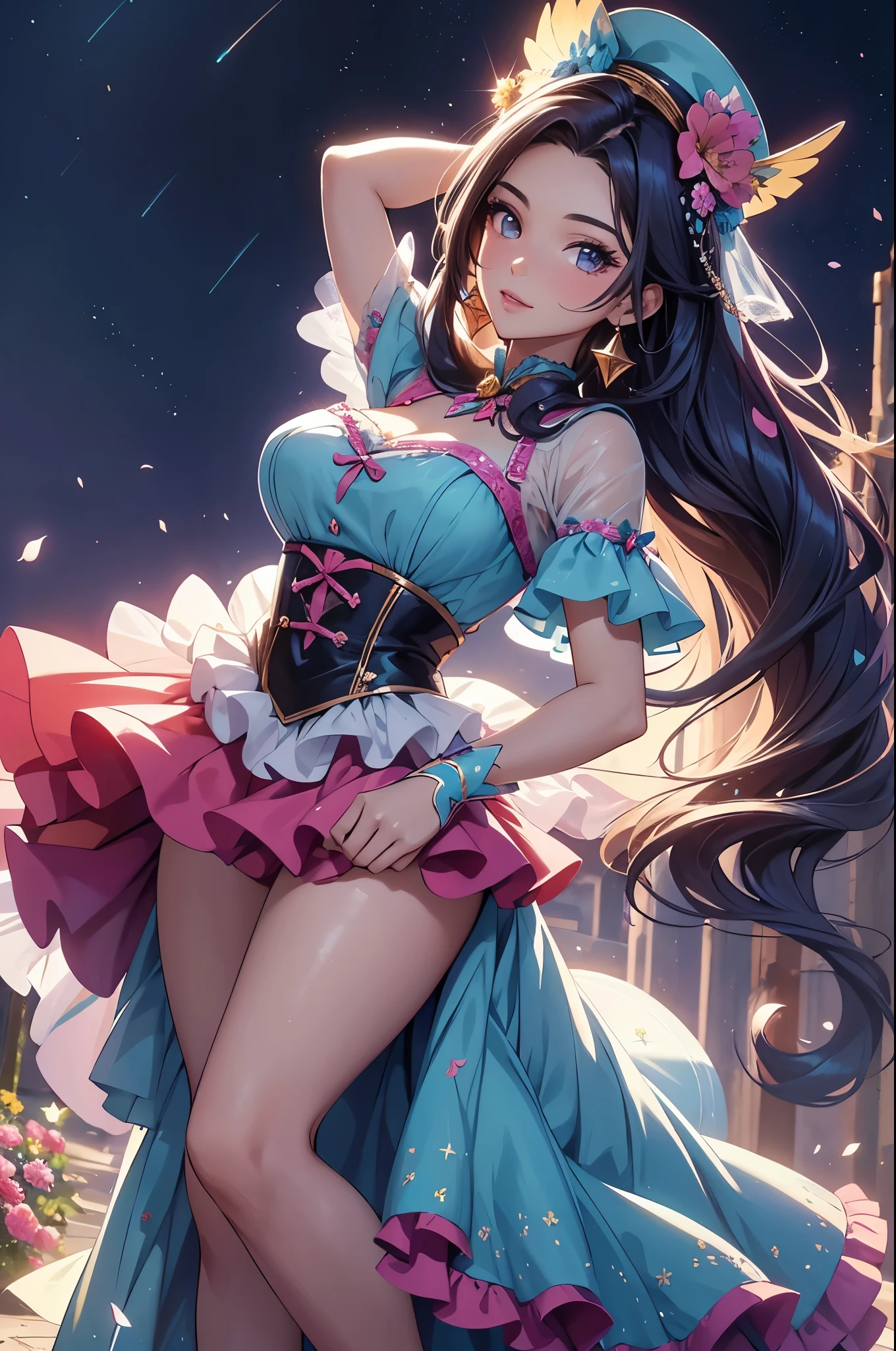 (best quality,4k,8k,highres,masterpiece:1.2),ultra-detailed,(realistic,photorealistic,photo-realistic:1.37),acrylic painting,beautiful Latina model in a ta dress with downy hair,beautiful Latina model with extremely colorful hair and detailed facial features,beautiful Latina model standing in a beautiful garden surrounded by a starry sky,beautiful Latina model wearing a vibrant Loliress,beautiful Latina model with intricate accessories and a matching hat,beautiful Latina model posing gracefully with her hands on her hips,beautiful Latina model with long flowing twintails,beautiful Latina model with bright blue eyes and rosy lips,beautiful Latina model with a joyful expression,beautiful Latina model in a dynamic pose with cherry blossoms falling around her,beautiful Latina model surrounded by colorful flowers and butterflies,beautiful Latina model's dress adorned with cute bows and lace details,beautiful Latina model with an enchanting smile,beautiful Latina model with soft, pastel-colored shading,beautiful Latina model with a magical glow illuminating her,beautiful Latina model in a picturesque setting with a winding path leading to a magnificent castle,beautiful Latina model holding a microphone and singing passionately,beautiful Latina model with a fairytale-like background,beautiful Latina model with a soft, dreamy atmosphere,beautiful Latina model with a subtle bokeh effect,beautiful Latina model standing under a moonlit sky,beautiful Latina model with a warm, golden sunset in the background,beautiful Latina model surrounded by twinkling stars and colorful nebulae,creating an ethereal and captivating artistic masterpiece.