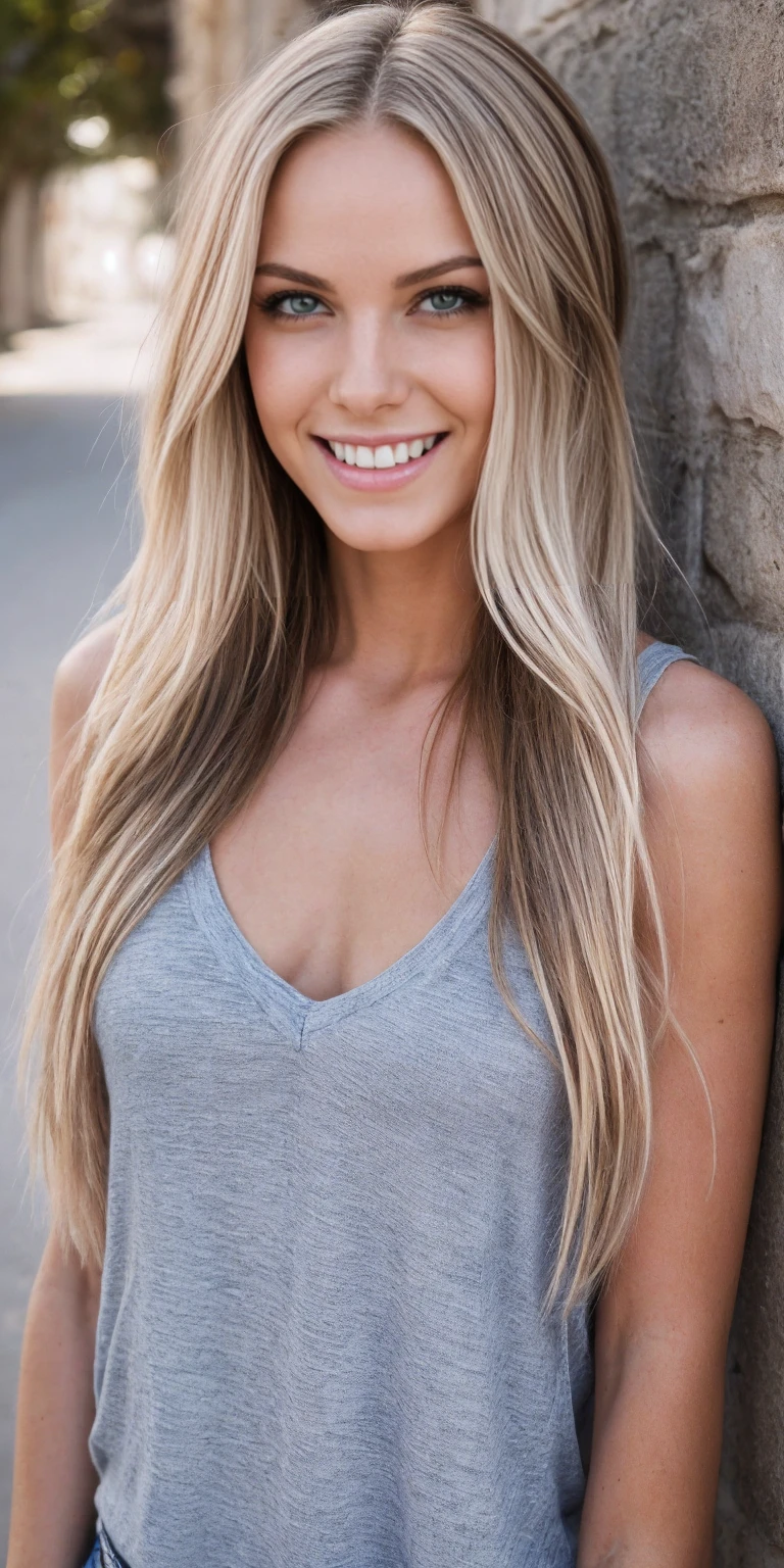 22-year-old white female model, Hair color is platinum blonde, blue eyes, long hair, straight hair, accessories on the wrist, slender but muscular body, My heart is pounding smile, ((blushing)), modelshoot: photoshoot, HD, high contrast, sharp image, mastery, balanced eyes, CG render, small skull, clavicle detail, (best quality detail: 1.2), realistic, 8K ultra-fine, high-quality texture, fine texture, real looking skin texture, fine detail, highly detailed image, extremely detailed CG, high-quality shadows, beautiful and delicate eyes, delicate nose, beautiful woman, bokeh, Smiling, outdoor photoshoot in a Italy coastal village.