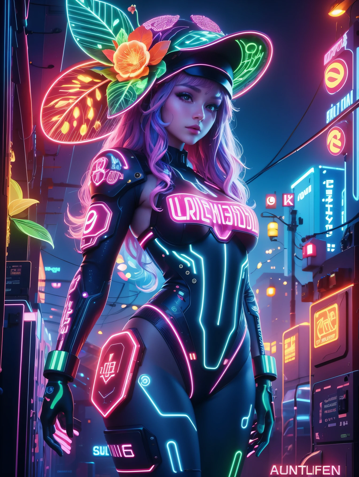 (Neon lights),circuit boards,(Beautiful girl wearing fruit flower hat), Gurwitz style artwork,Neon lights,(UHD, masterpiece, ccurate, anatomically correct, textured skin, super detail, high details, award winning, best quality, 8k)
