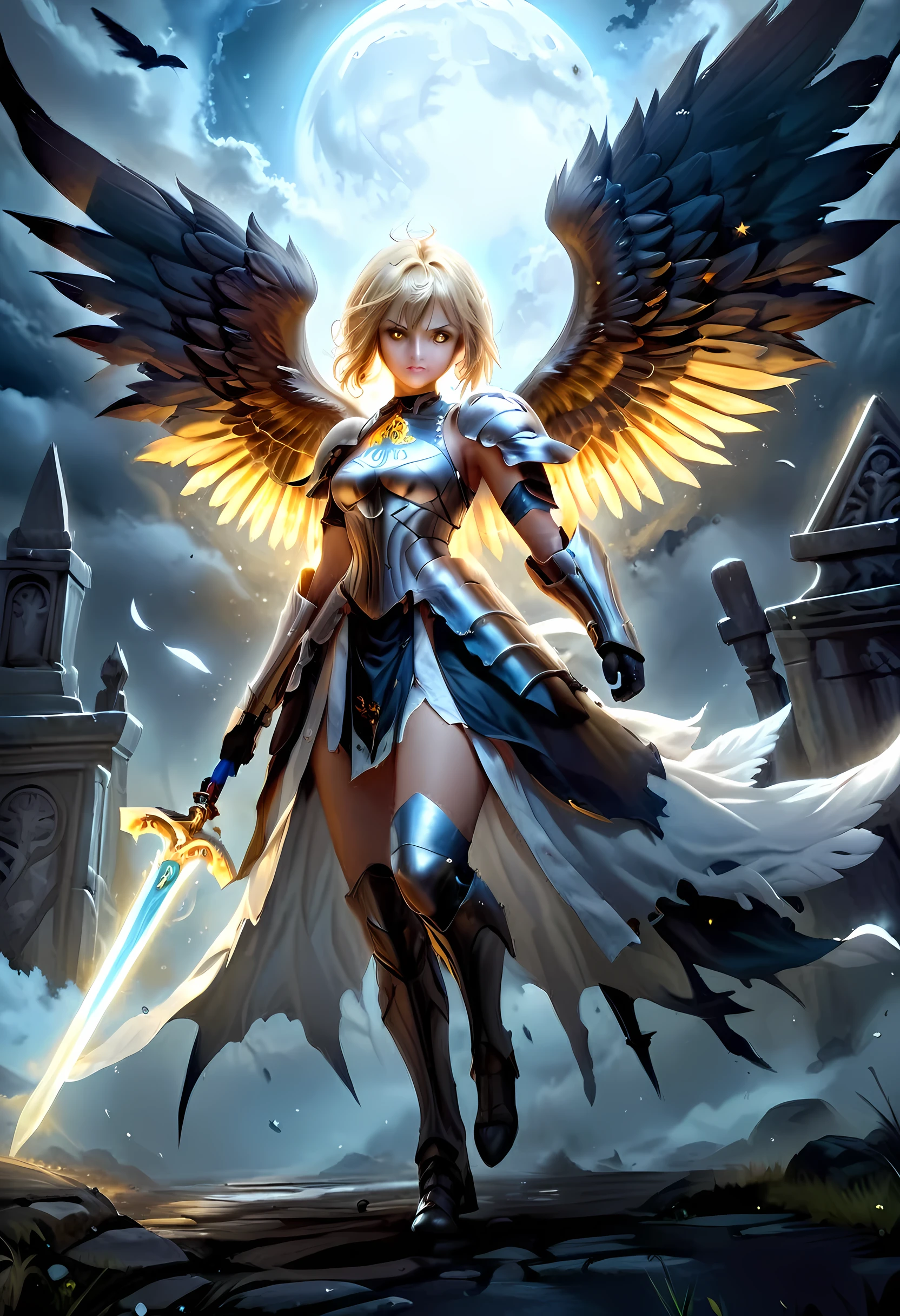 16K, ultra detailed, masterpiece, best quality, (extremely detailed), arafed, dnd art, portrait, full body, aasimar, female, (Masterpiece 1.3, intense details), female, paladin, holy warrior fighting undead (Masterpiece 1.3, intense details) large angelic wings, white angelic wings spread (Masterpiece 1.3, intense details), dark fantasy cemetery background, moon light, moon, stars, clouds, wearing (white: 1.1)  armor (Masterpiece 1.3, intense details), holy symbol, armed with sword, short blond hair,  detailed face, (Masterpiece 1.5, best quality), anatomically correct (Masterpiece 1.3, intense details), angel_wings, determined face, god rays, cinematic lighting, glowing light, silhouette, from outside, photorealism, panoramic view  (Masterpiece 1.3, intense details) , Wide-Angle, Ultra-Wide Angle, 8k, highres, best quality, high details, armored dress, feathered wings, GlowingRunesAI_yellow