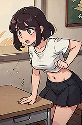 Garota com cabelos pretos, lifting your shirt with your two hands, dando para ver seus peitos e mamilos, dentro de uma escola, sentada em uma mesa, abrindo as pernas mostrando sua calcinha preta