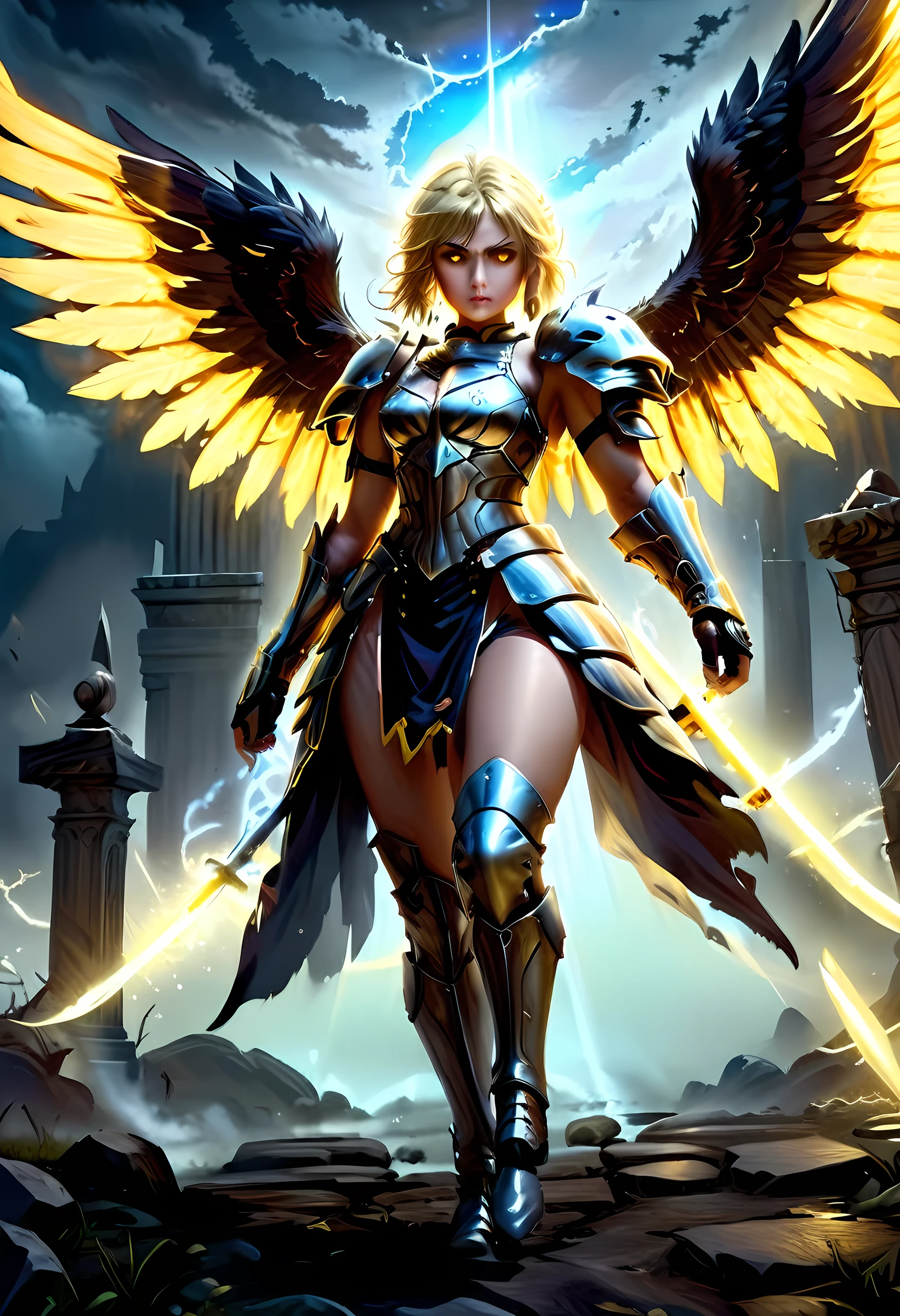 16K, ultra detailed, masterpiece, best quality, (extremely detailed), arafed, dnd art, portrait, full body, aasimar, female, (Masterpiece 1.3, intense details), female, paladin, holy warrior fighting undead (Masterpiece 1.3, intense details) large angelic wings, white angelic wings spread (Masterpiece 1.3, intense details), dark fantasy cemetery background, moon light, moon, stars, clouds, wearing (white: 1.1)  armor (Masterpiece 1.3, intense details), holy symbol, armed with sword, short blond hair,  detailed face, (Masterpiece 1.5, best quality), anatomically correct (Masterpiece 1.3, intense details), angel_wings, determined face, god rays, cinematic lighting, glowing light, silhouette, from outside, photorealism, panoramic view  (Masterpiece 1.3, intense details) , Wide-Angle, Ultra-Wide Angle, 8k, highres, best quality, high details, armored dress, feathered wings, GlowingRunesAI_yellow