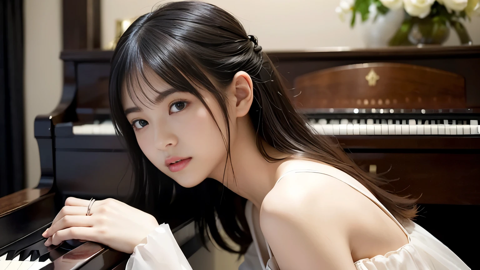 (1 girl)、highest quality、masterpiece、Ultra-high resolution、(Photorealistic:1.4)、Original photo,there is a woman that is playing a pianoin a room, playing piano, piano家, pianoin the background, (客廳內1 girl面向黑色的piano、straight, Black Hair、Delicate hair details)、(客廳內一部黑色piano、Girl fingers on piano keys、Delicate finger details)Shadow、Octane Rendering、8k、Ultra Sharp、(chest、Long sleeve、White tulle、Portraiture、Collect income、Delicate silk details)、(Girl playing piano fingers、Extremely fine finger detail) , Beautiful woman, Perfectly detailed, captivating and mesmerizing, real pianos, piano, full piano, Beautiful Asian Girl, serenity and elegance, Great composition, 