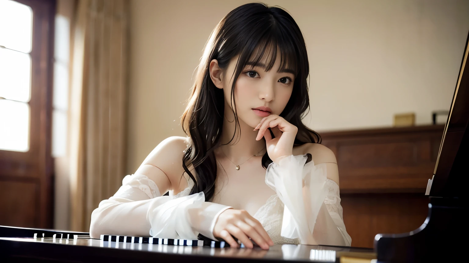 (1 girl)、highest quality、masterpiece、Ultra-high resolution、(Photorealistic:1.4)、Original photo,there is a woman that is playing a pianoin a room, playing piano, piano家, pianoin the background, (客廳內1 girl面向黑色的piano、straight, Black Hair、Delicate hair details)、(客廳內一部黑色piano、Girl fingers on piano keys、Delicate finger details)Shadow、Octane Rendering、8k、Ultra Sharp、(chest、Long sleeve、White tulle、Portraiture、Collect income、Delicate silk details)、(Girl playing piano fingers、Extremely fine finger detail) , Beautiful woman, Perfectly detailed, captivating and mesmerizing, real pianos, piano, full piano, Beautiful Asian Girl, serenity and elegance, Great composition, 