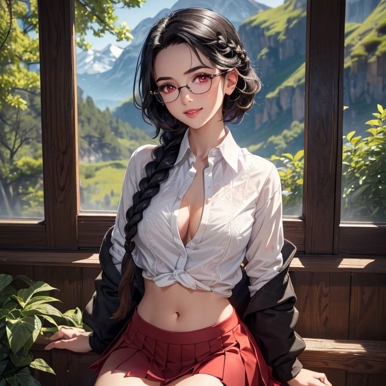 artwork, best quality, 8K wallpaper, HDR, octane rendering. A girl of (glasses:1.6, with big bright eyes), (wearing a white buttoned shirt), (open shirt:1.2), (navel), (black pleated mini skirt), mary janes shoes, (movement pose: 1.1), camp, mountains, trees, bright colorful starry night sky, beautiful detailed scenery, the girl has (short messy hair, low single braid hair, shiny black hair:1.2), (beautiful and detailed face with perfect symmetry), (Beautiful and detailed red eyes: 1.2), (soft lips, smile, teeth: 1.2), (body with perfect anatomy, perfect natural texture, high details, glowing skin) cinematic lighting, vivid colors, detailed illustration, depth of field.