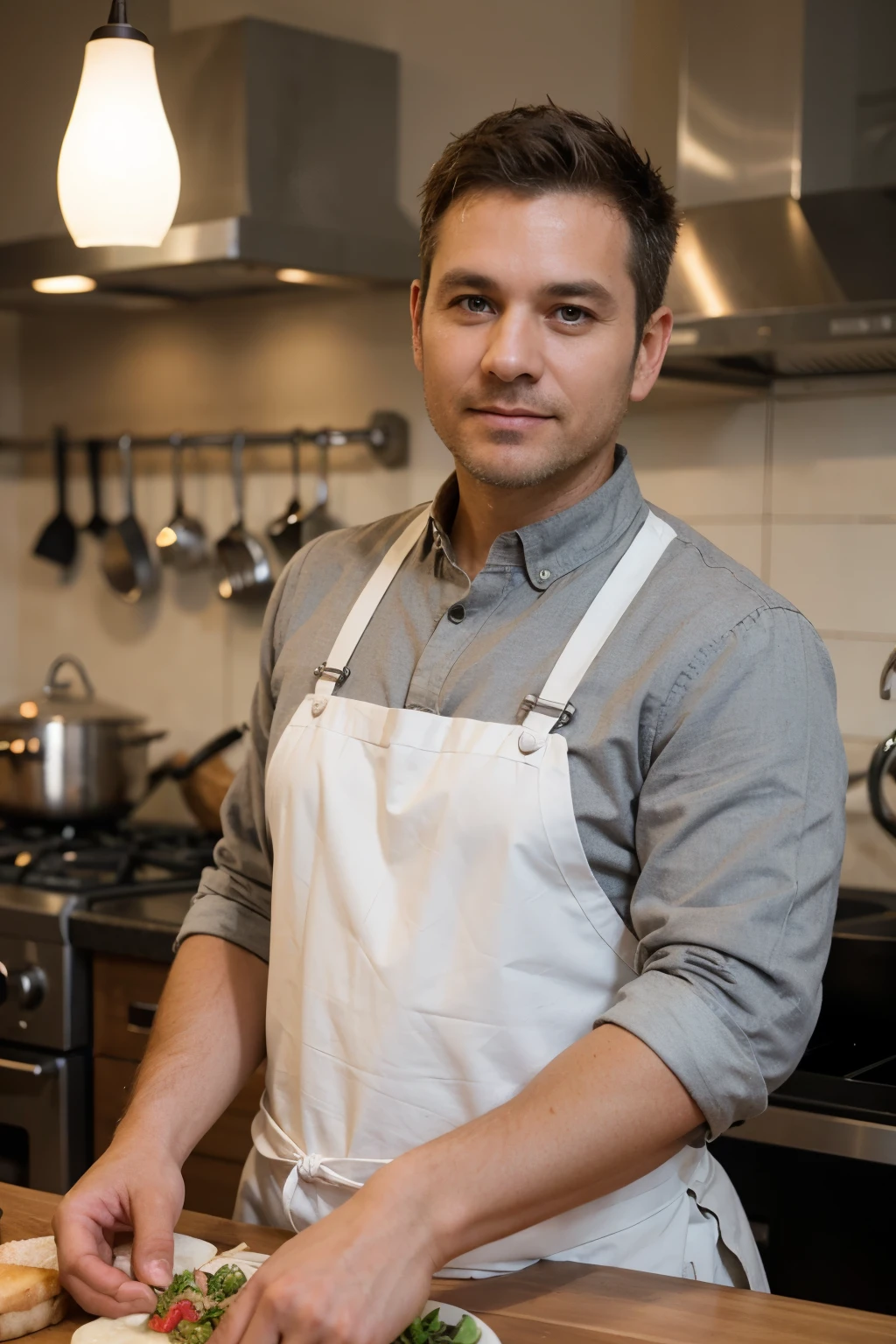 ((best quality)), ((masterpiece)), (detailed), perfect face male 40-years old restaurant chef wearing kitchen apron